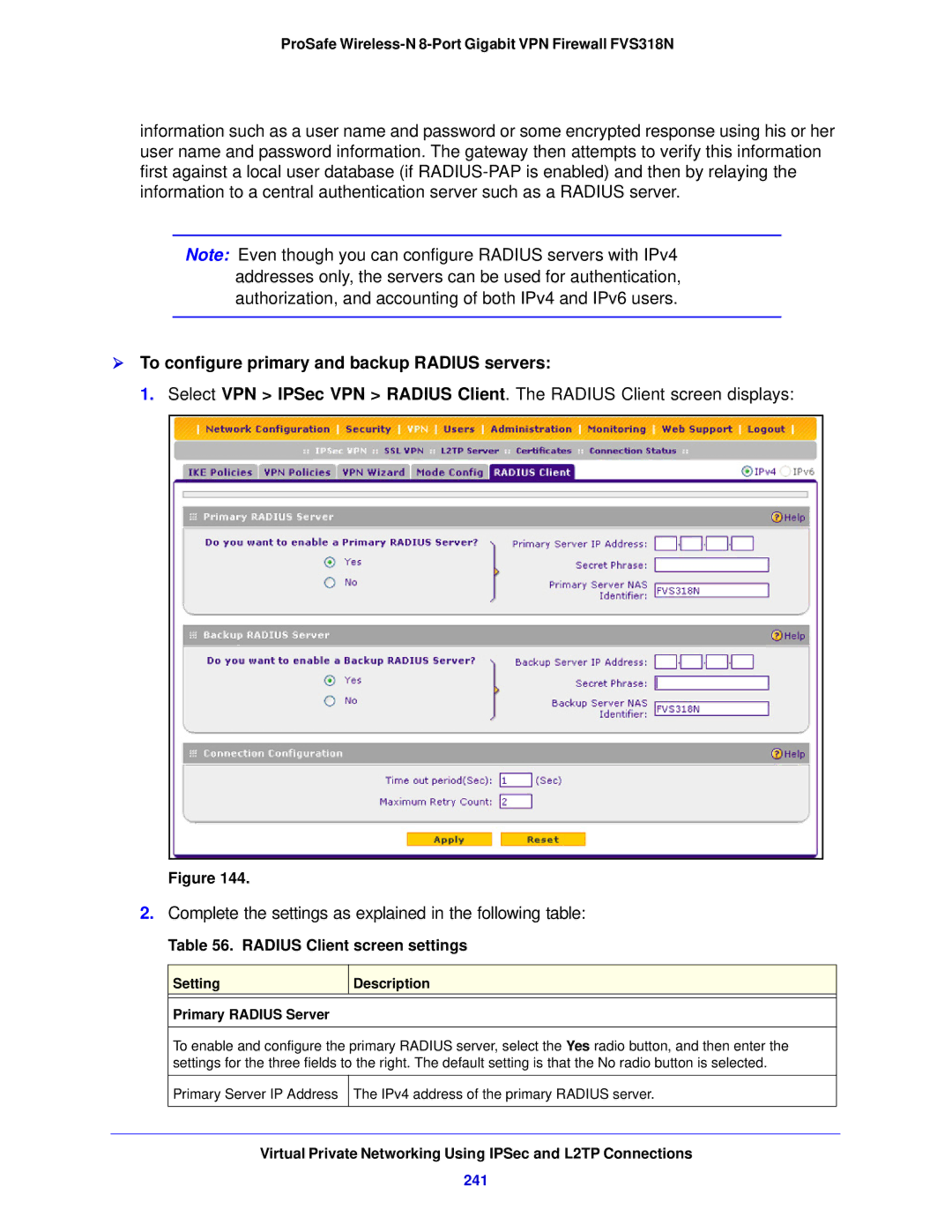 NETGEAR FVS318N manual  To configure primary and backup Radius servers, Radius Client screen settings, 241 