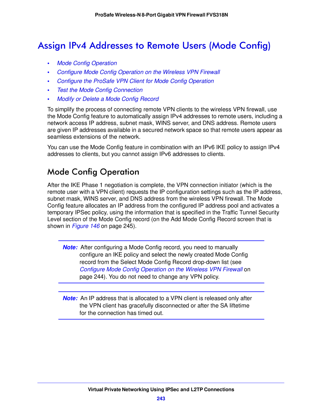 NETGEAR FVS318N manual Assign IPv4 Addresses to Remote Users Mode Config, Mode Config Operation, 243 