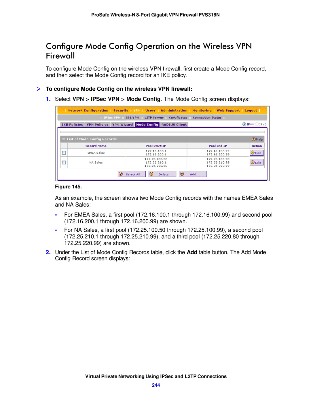 NETGEAR FVS318N manual  To configure Mode Config on the wireless VPN firewall, 244 