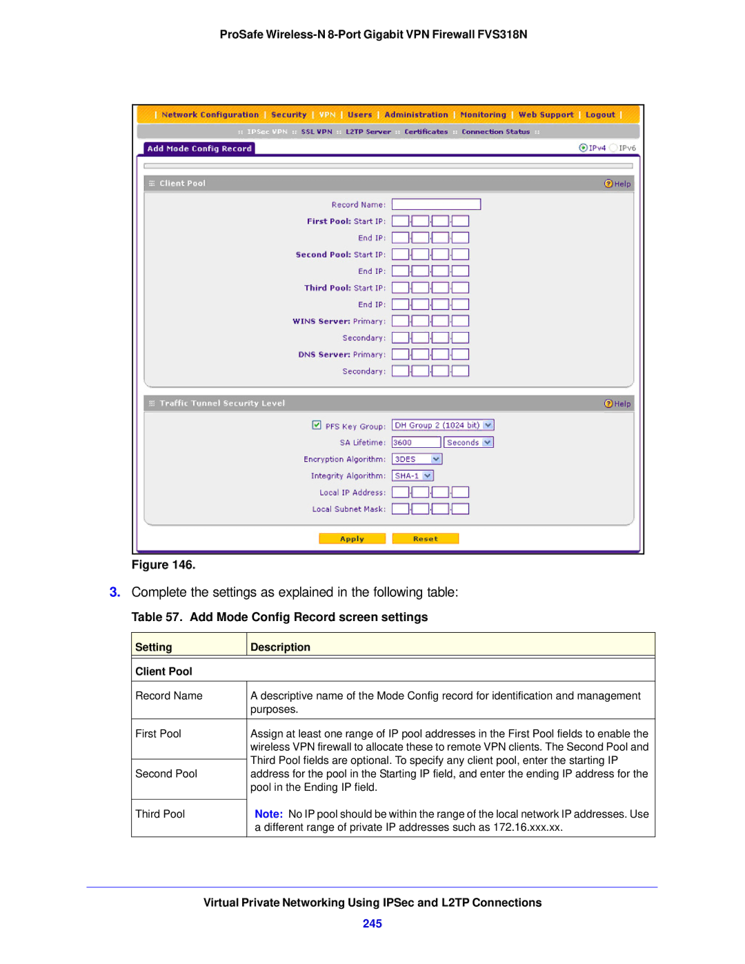 NETGEAR FVS318N manual Add Mode Config Record screen settings, 245, Setting Description Client Pool 