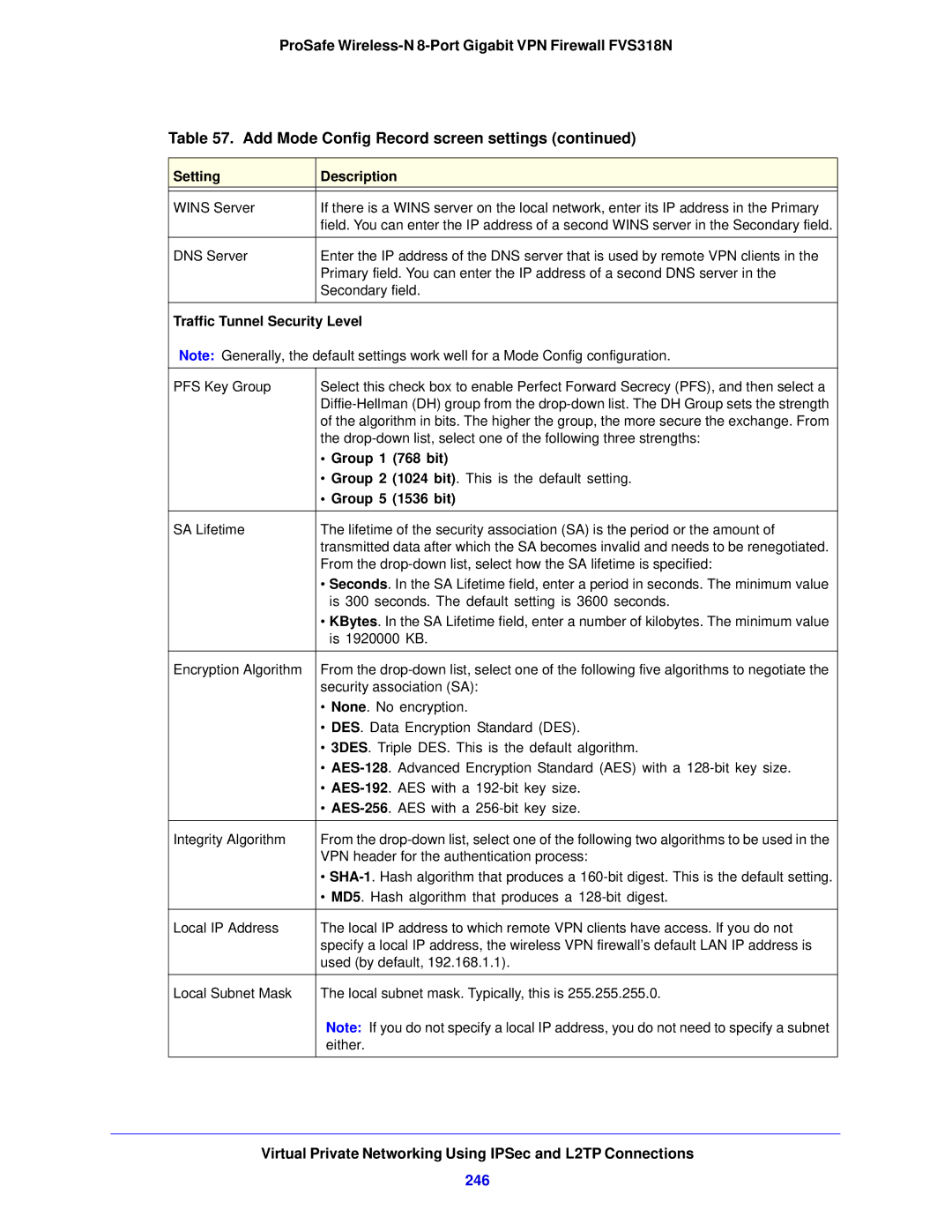 NETGEAR FVS318N manual 246, Traffic Tunnel Security Level 