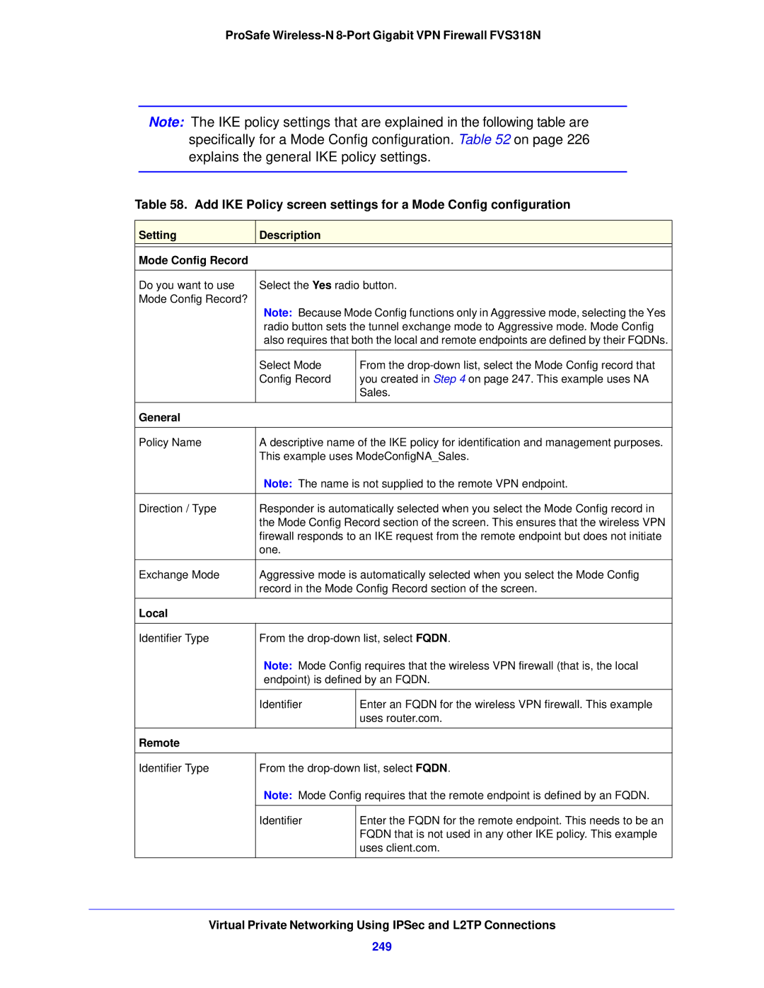 NETGEAR FVS318N manual 249, Setting Description Mode Config Record 