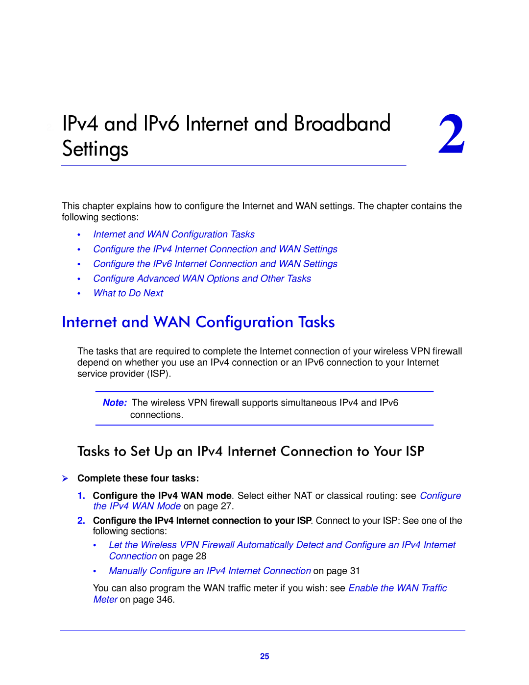 NETGEAR FVS318N manual Internet and WAN Configuration Tasks, Tasks to Set Up an IPv4 Internet Connection to Your ISP 