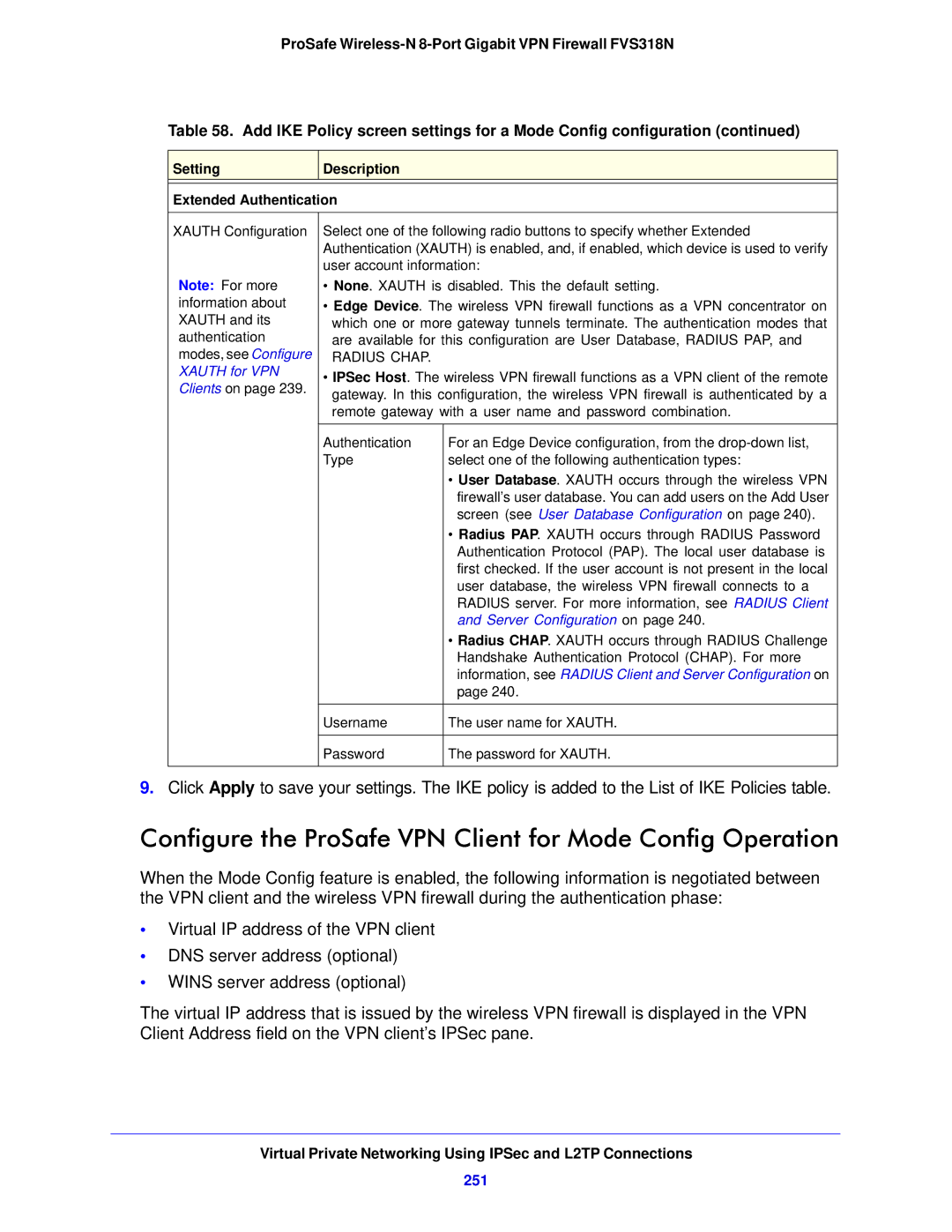 NETGEAR FVS318N manual Configure the ProSafe VPN Client for Mode Config Operation, 251, Radius Chap, Xauth for VPN 