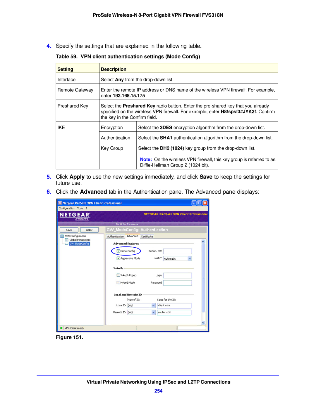 NETGEAR FVS318N manual VPN client authentication settings Mode Config, 254 