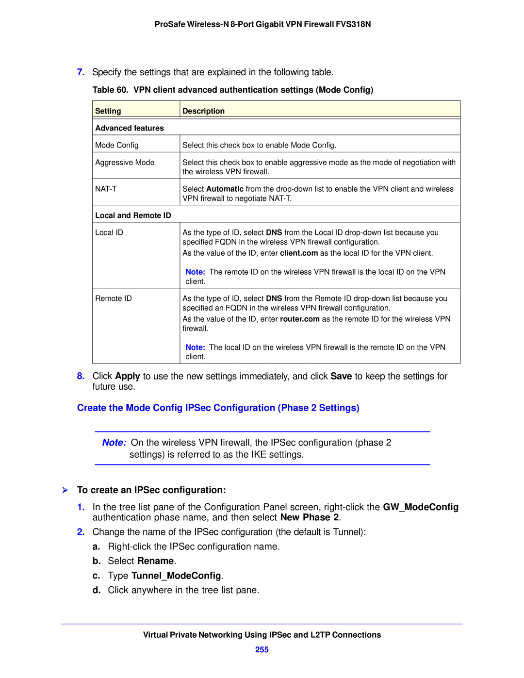 NETGEAR FVS318N manual Type TunnelModeConfig, VPN client advanced authentication settings Mode Config, 255 