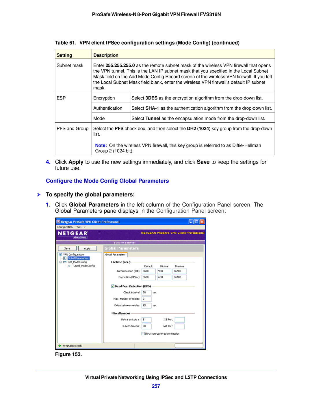 NETGEAR FVS318N manual Configure the Mode Config Global Parameters, 257 