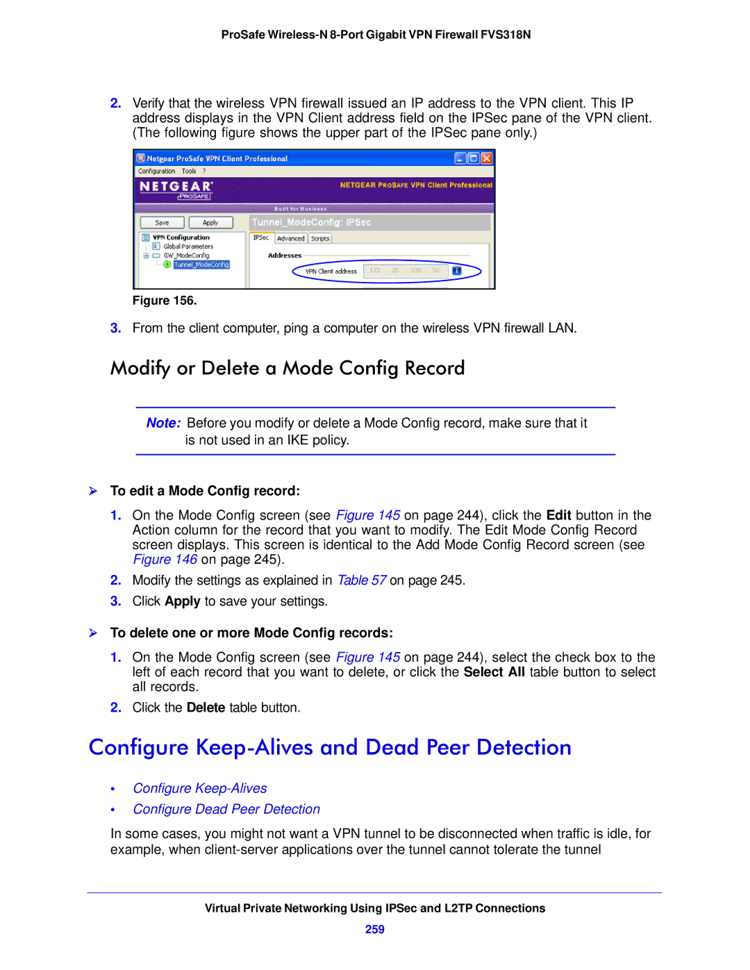 NETGEAR FVS318N manual Configure Keep-Alives and Dead Peer Detection, Modify or Delete a Mode Config Record, 259 