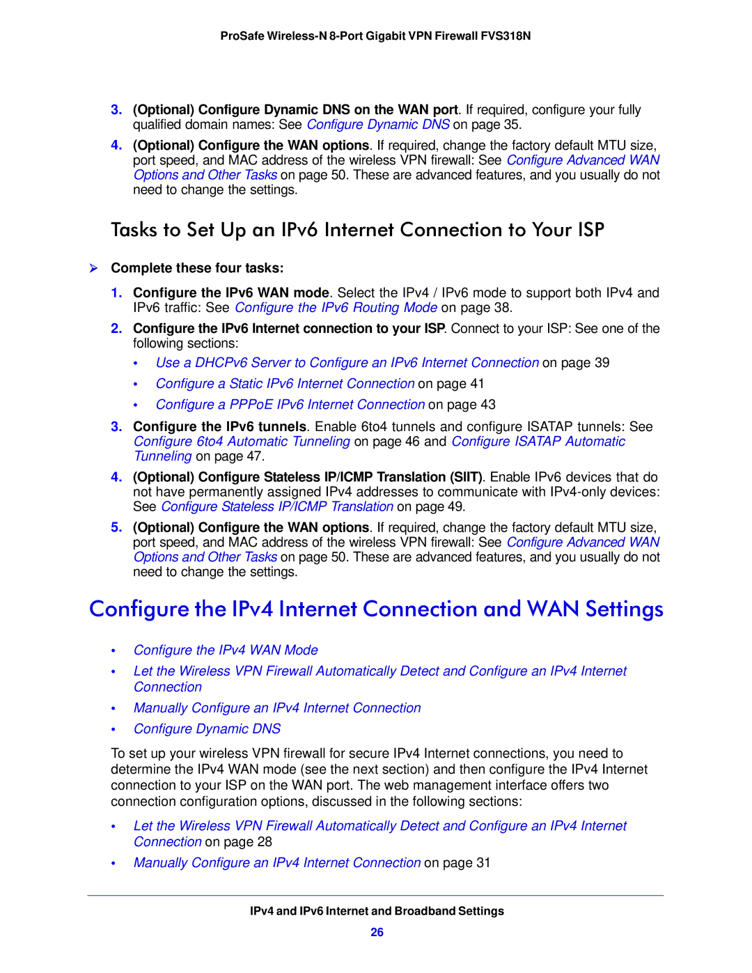 NETGEAR FVS318N Configure the IPv4 Internet Connection and WAN Settings, IPv4 and IPv6 Internet and Broadband Settings 