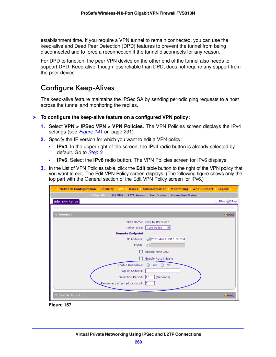 NETGEAR FVS318N manual Configure Keep-Alives, 260 