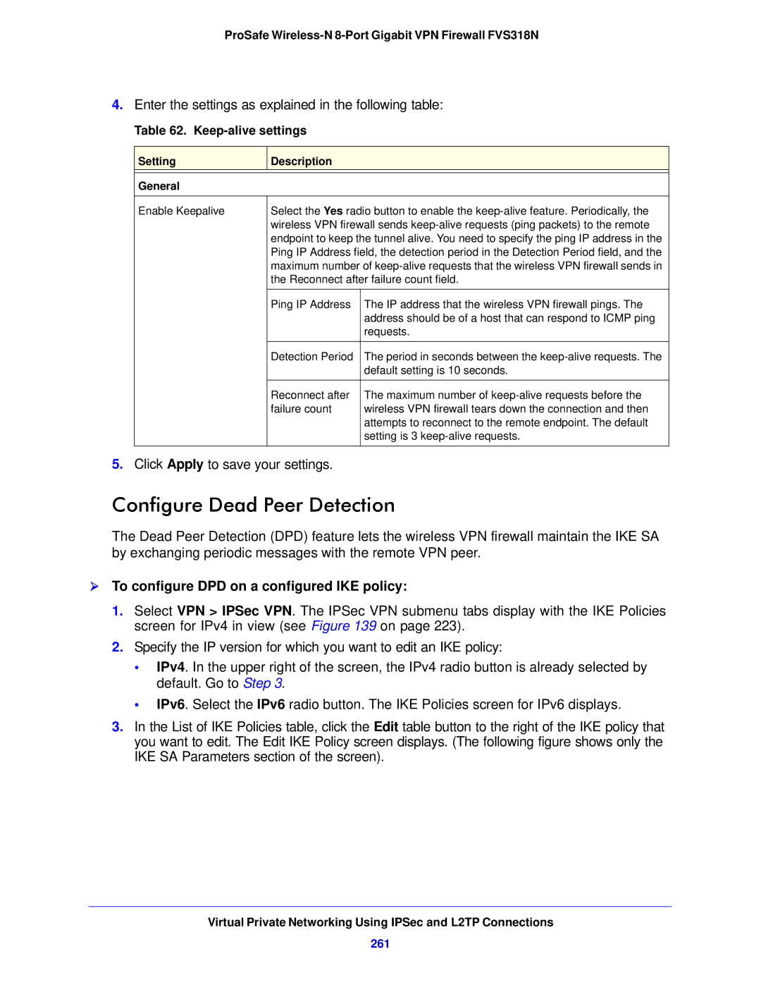 NETGEAR FVS318N Configure Dead Peer Detection,  To configure DPD on a configured IKE policy, Keep-alive settings, 261 