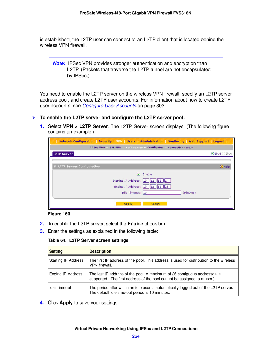 NETGEAR FVS318N manual L2TP Server screen settings, 264 