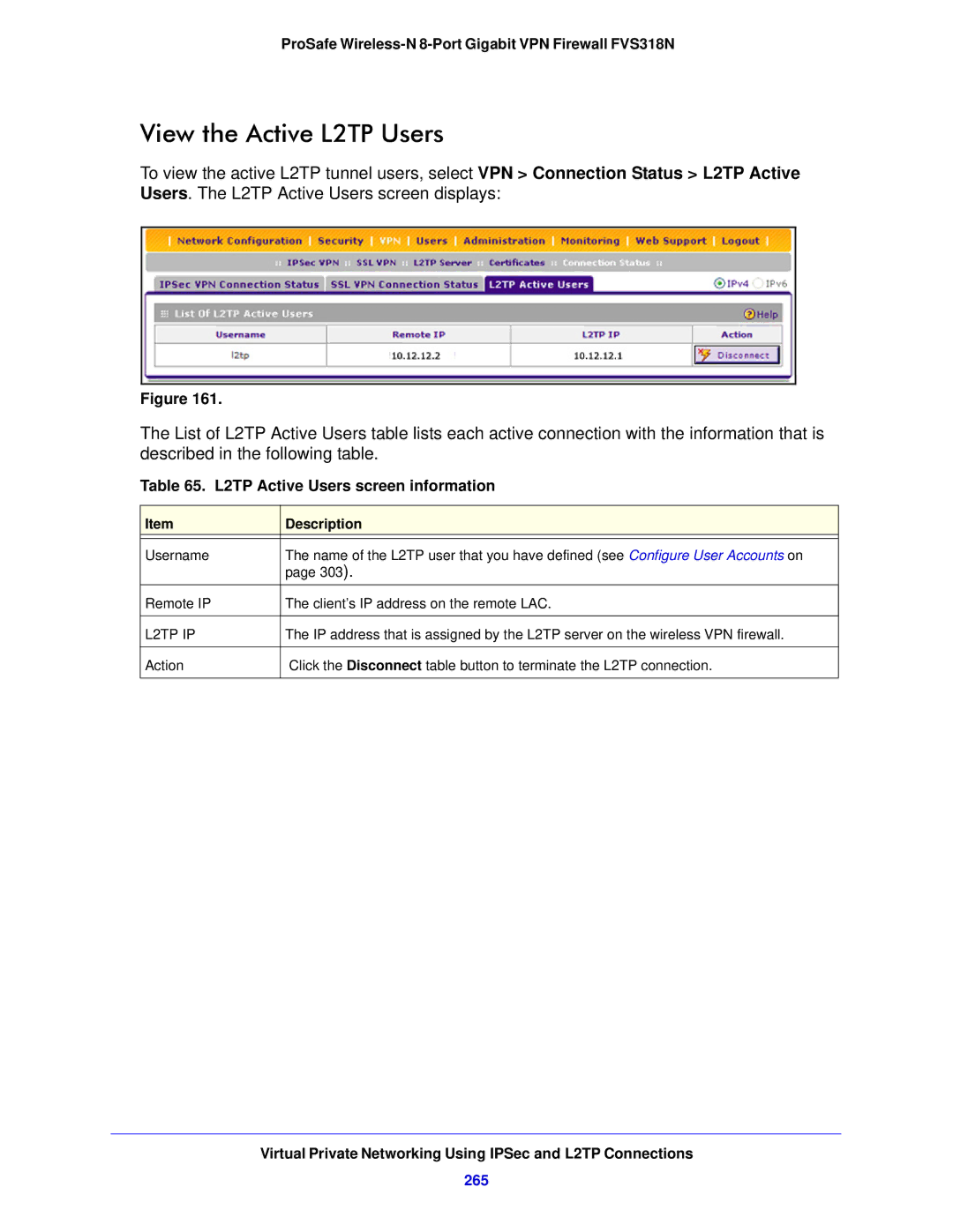 NETGEAR FVS318N manual View the Active L2TP Users, L2TP Active Users screen information, 265, L2TP IP 