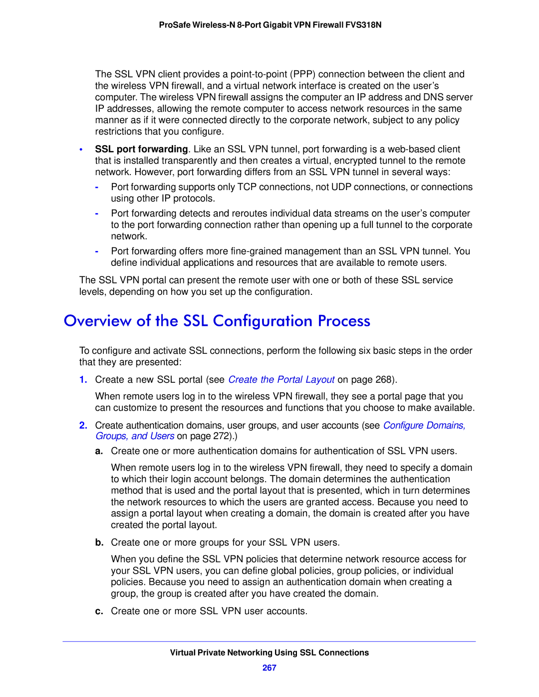 NETGEAR FVS318N manual Overview of the SSL Configuration Process, Virtual Private Networking Using SSL Connections, 267 