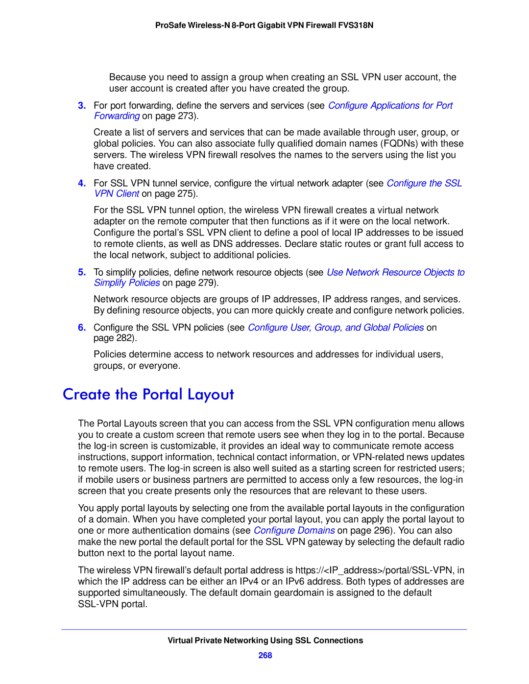 NETGEAR FVS318N manual Create the Portal Layout, 268 