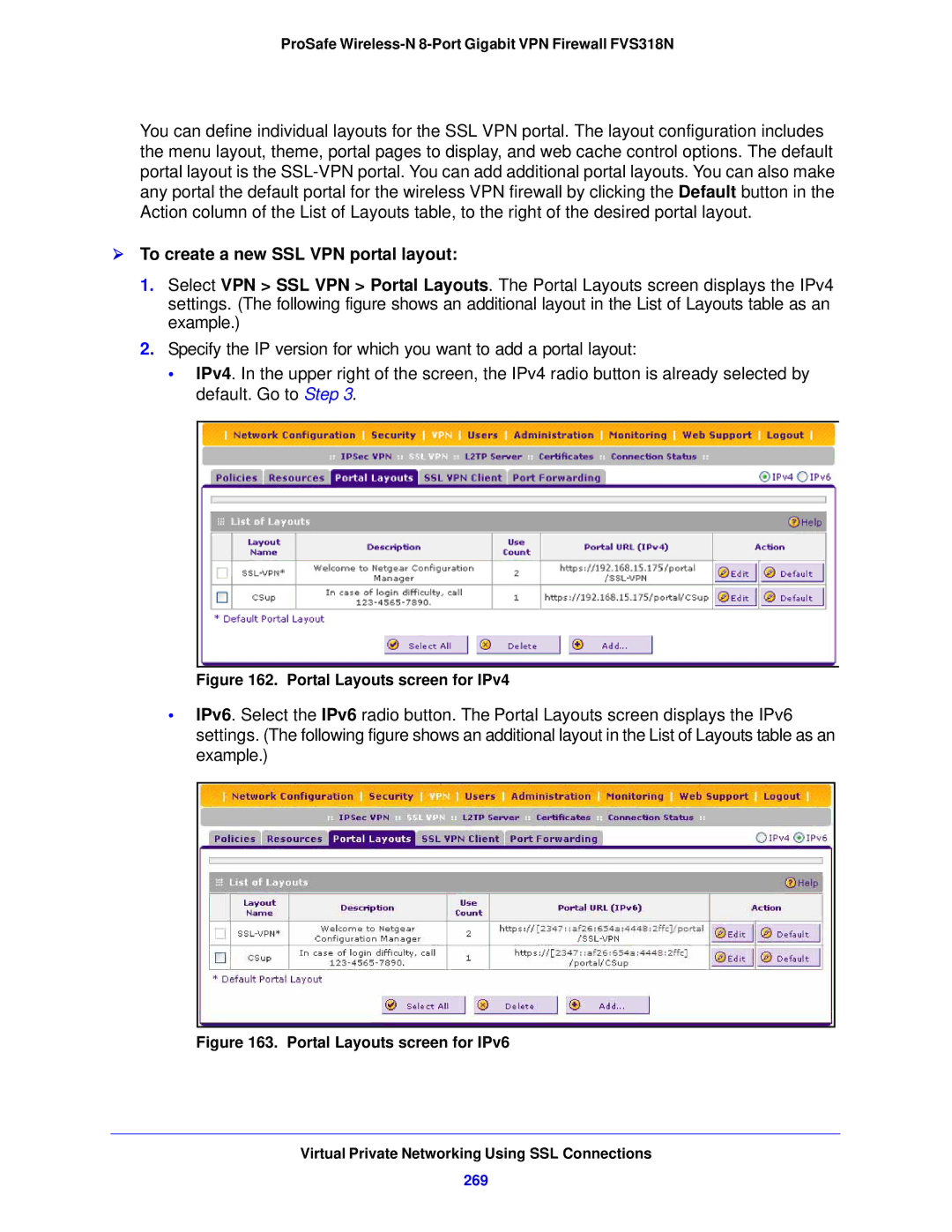 NETGEAR FVS318N manual  To create a new SSL VPN portal layout, 269 