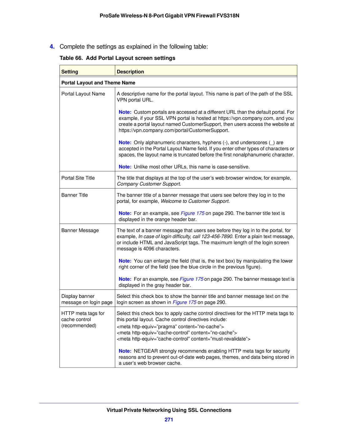 NETGEAR FVS318N manual Add Portal Layout screen settings, 271, Setting Description Portal Layout and Theme Name 