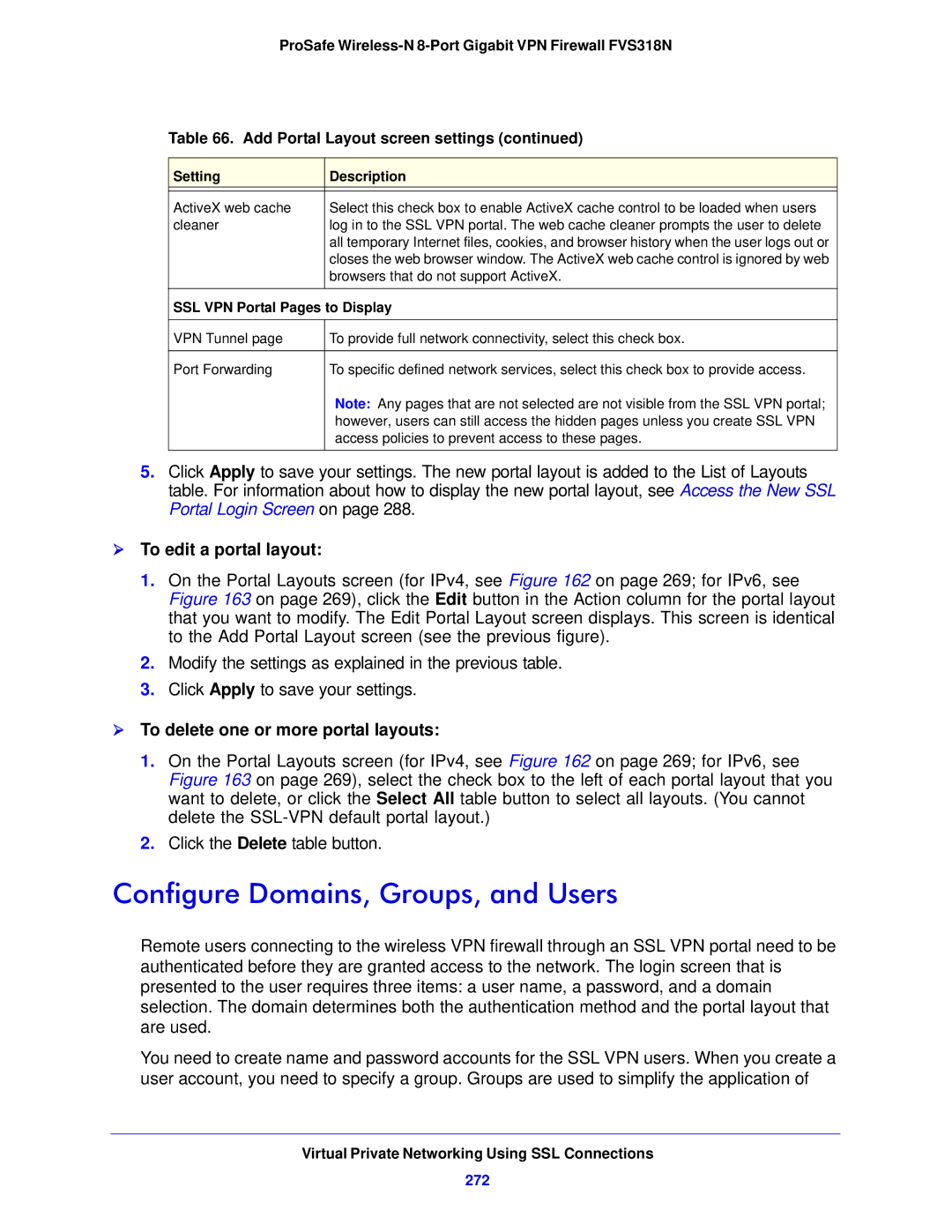 NETGEAR FVS318N Configure Domains, Groups, and Users,  To edit a portal layout,  To delete one or more portal layouts 