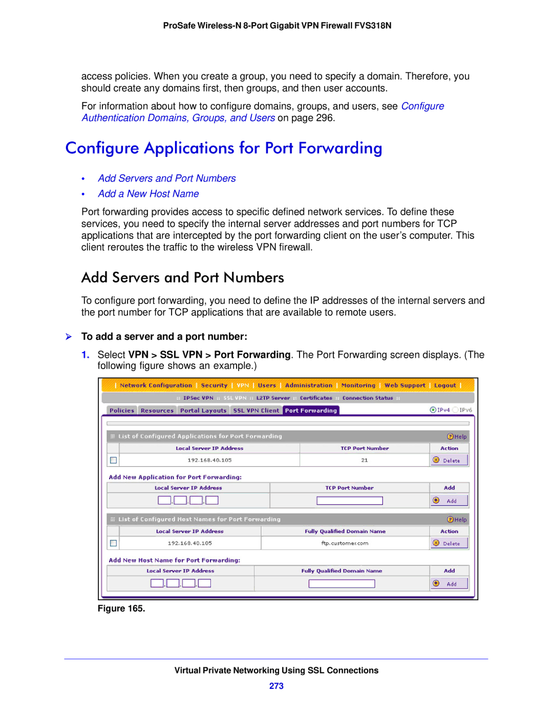 NETGEAR FVS318N manual Configure Applications for Port Forwarding, Add Servers and Port Numbers, 273 