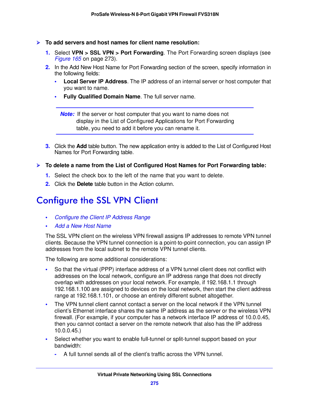 NETGEAR FVS318N manual Configure the SSL VPN Client,  To add servers and host names for client name resolution, 275 