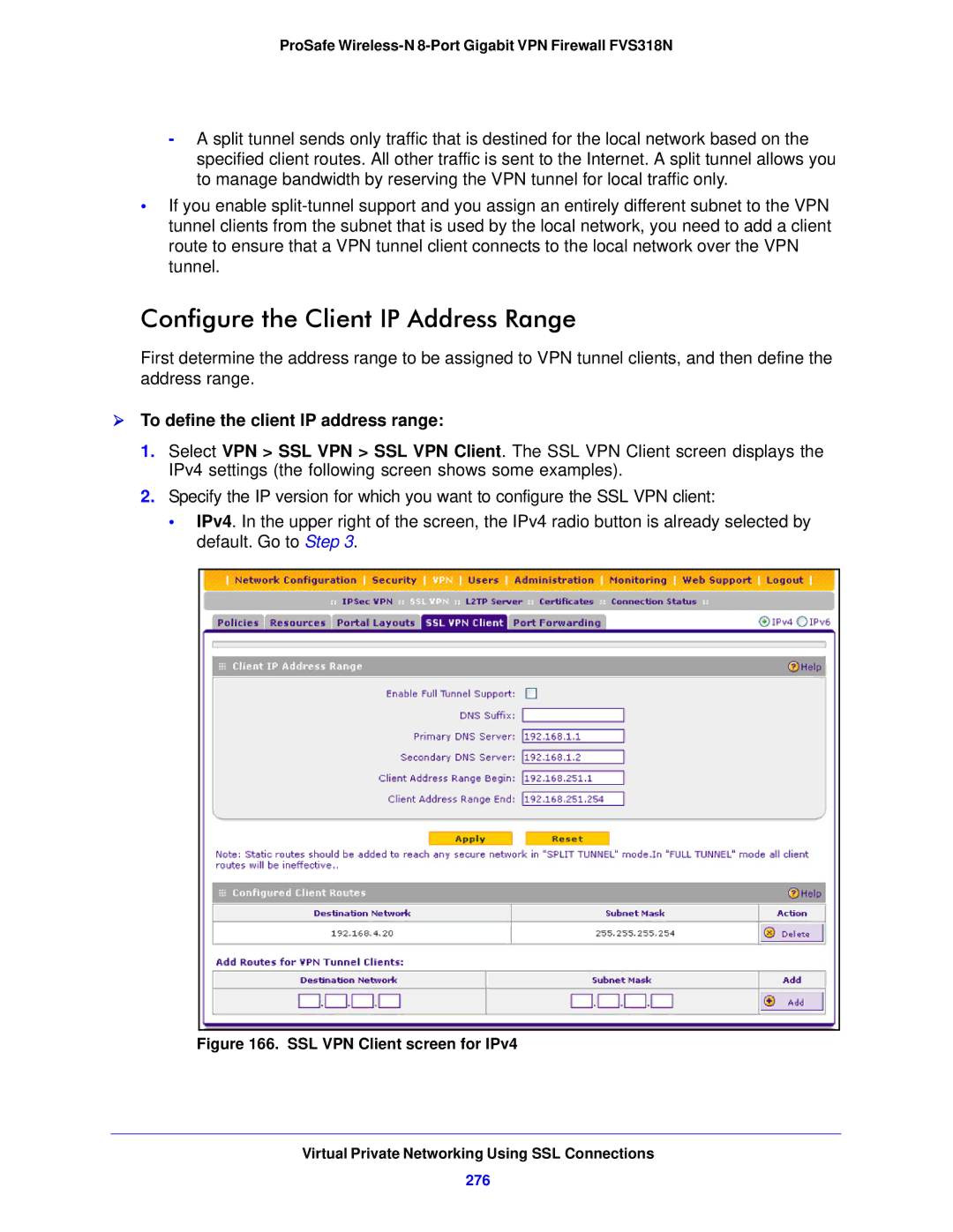 NETGEAR FVS318N manual Configure the Client IP Address Range,  To define the client IP address range, 276 