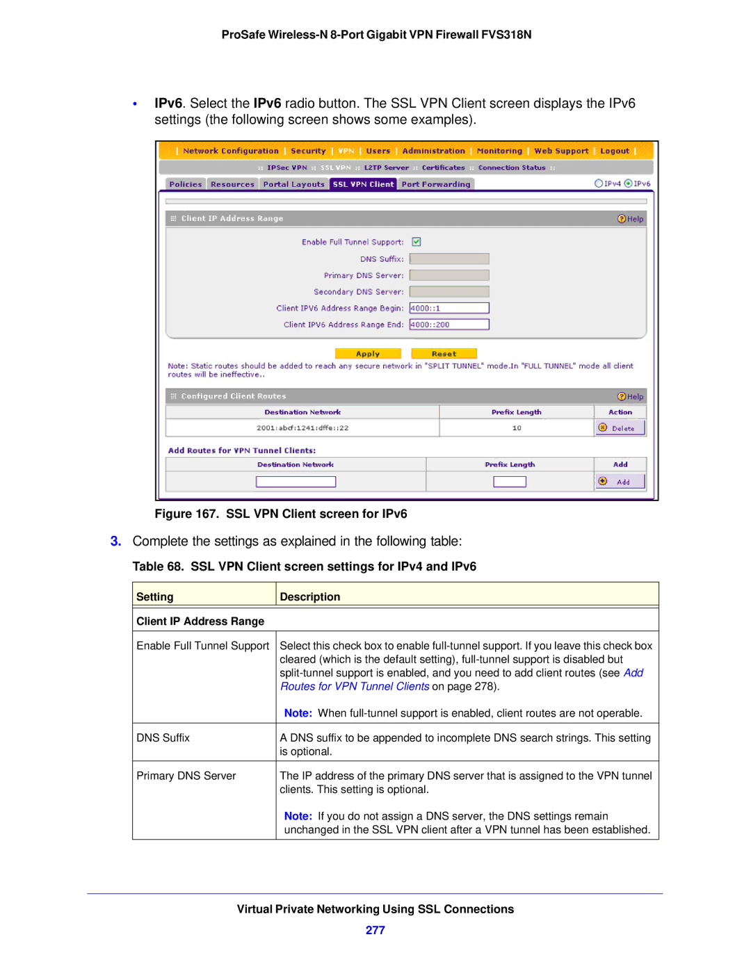 NETGEAR FVS318N manual SSL VPN Client screen settings for IPv4 and IPv6, 277, Setting Description Client IP Address Range 