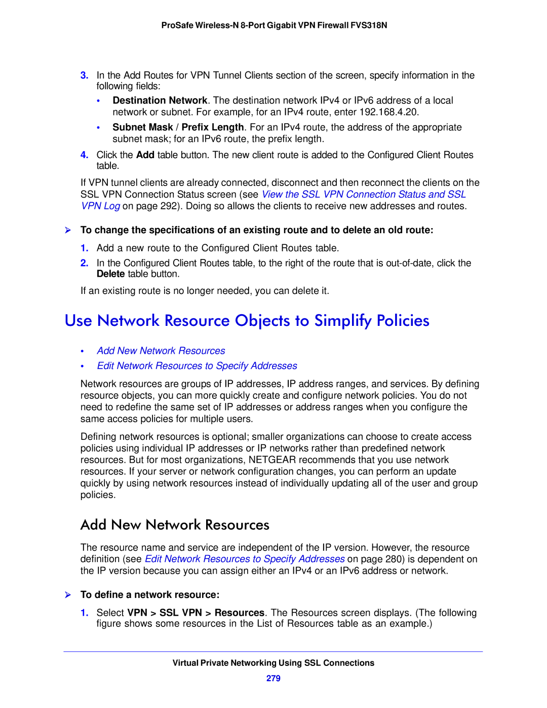 NETGEAR FVS318N manual Use Network Resource Objects to Simplify Policies, Add New Network Resources, 279 