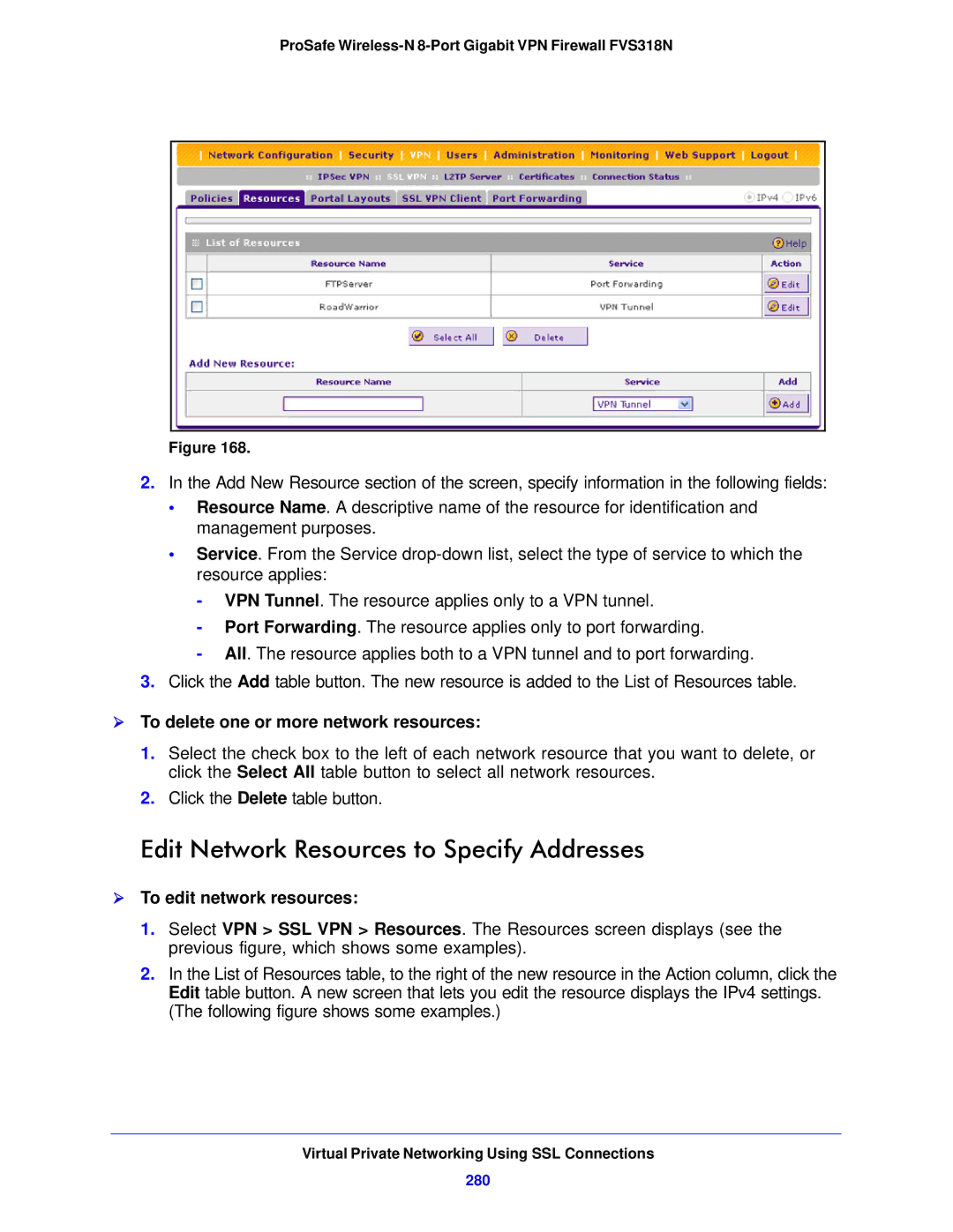 NETGEAR FVS318N manual Edit Network Resources to Specify Addresses,  To delete one or more network resources, 280 