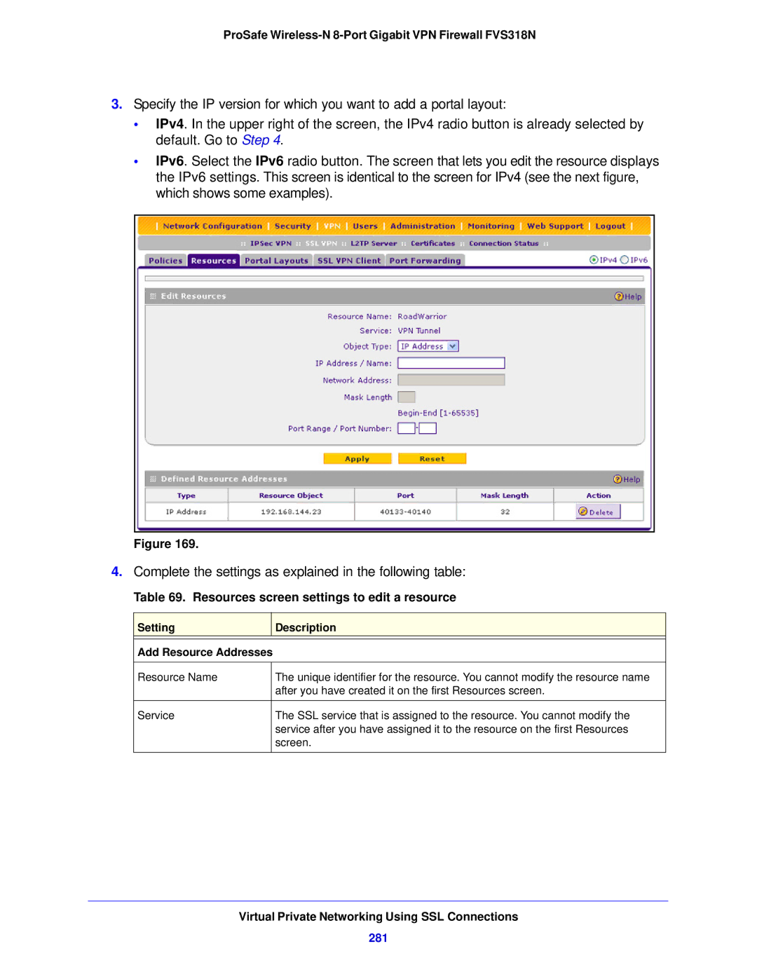 NETGEAR FVS318N manual Resources screen settings to edit a resource, 281, Setting Description Add Resource Addresses 