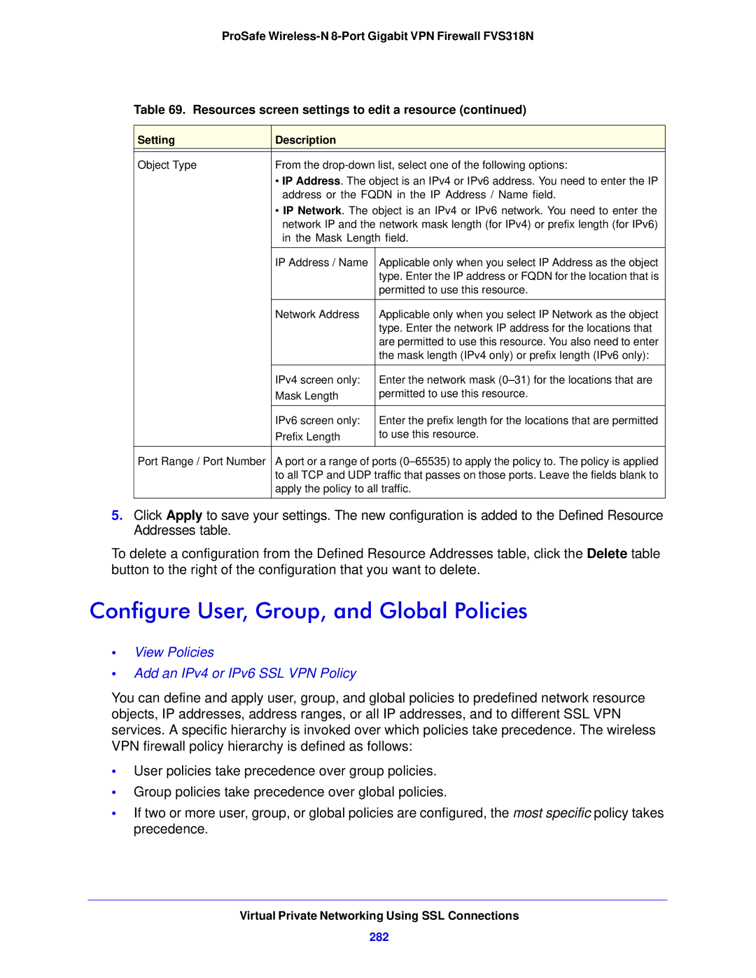 NETGEAR FVS318N manual Configure User, Group, and Global Policies, 282 