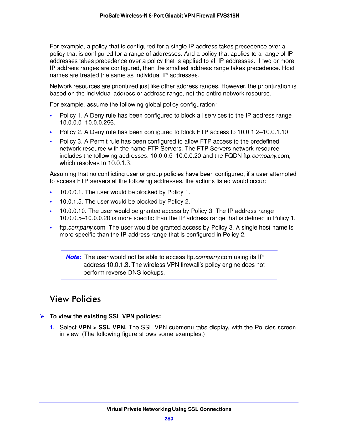 NETGEAR FVS318N manual View Policies,  To view the existing SSL VPN policies, 283 