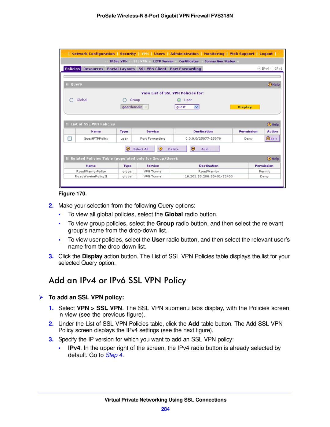 NETGEAR FVS318N manual Add an IPv4 or IPv6 SSL VPN Policy,  To add an SSL VPN policy, 284 