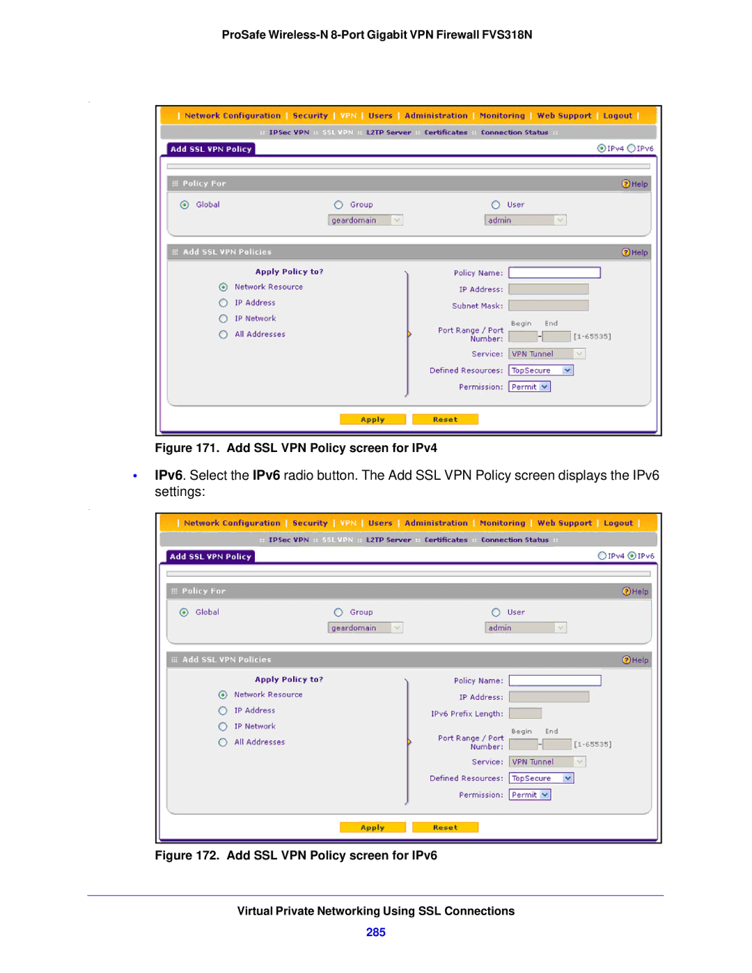 NETGEAR FVS318N manual Add SSL VPN Policy screen for IPv4, 285 