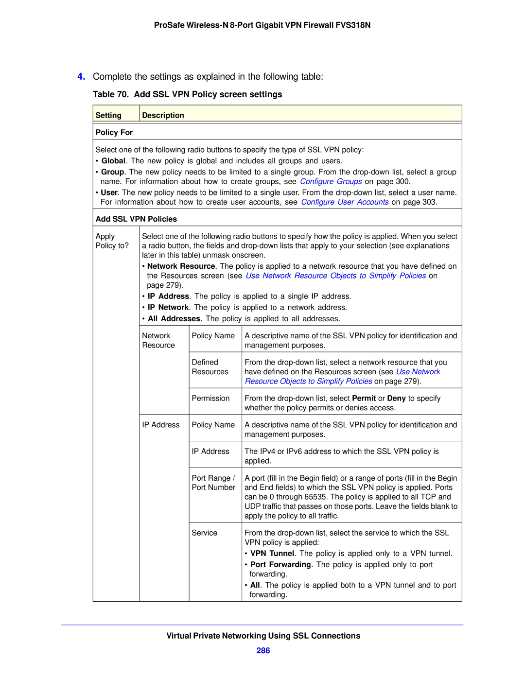 NETGEAR FVS318N manual Add SSL VPN Policy screen settings, 286, Setting Description Policy For, Add SSL VPN Policies 