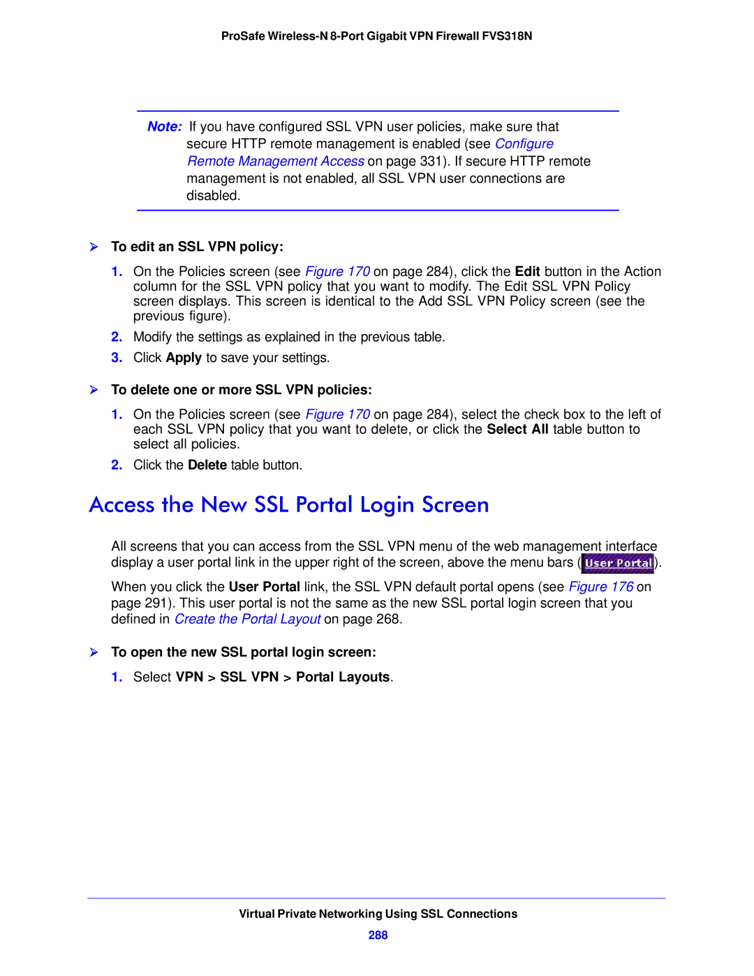 NETGEAR FVS318N manual Access the New SSL Portal Login Screen,  To edit an SSL VPN policy, 288 