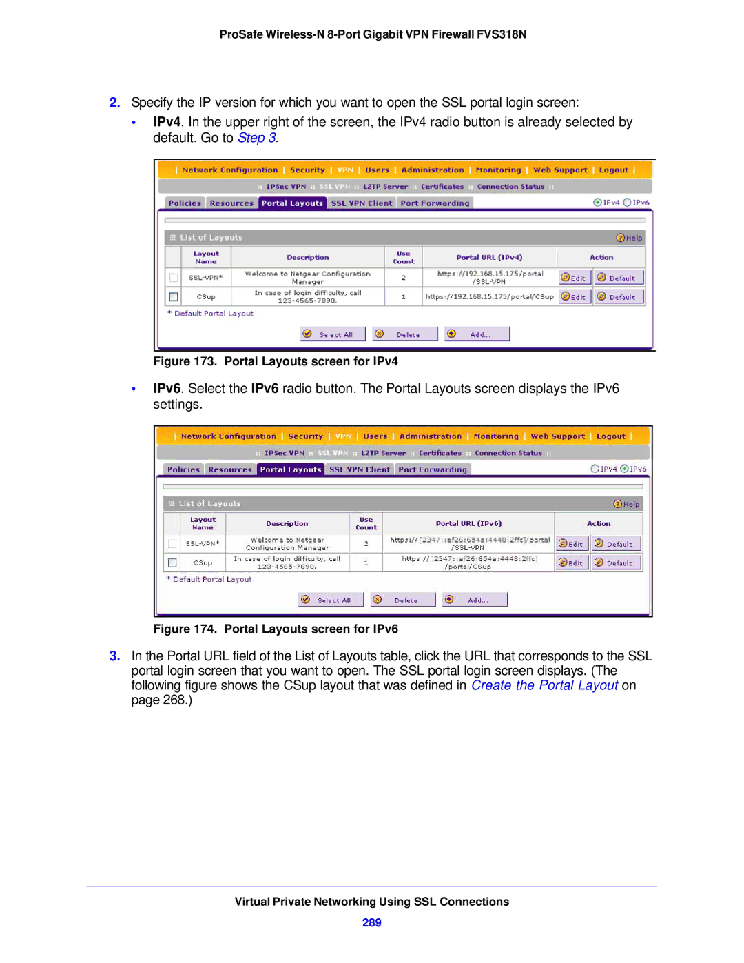 NETGEAR FVS318N manual Portal Layouts screen for IPv6, 289 