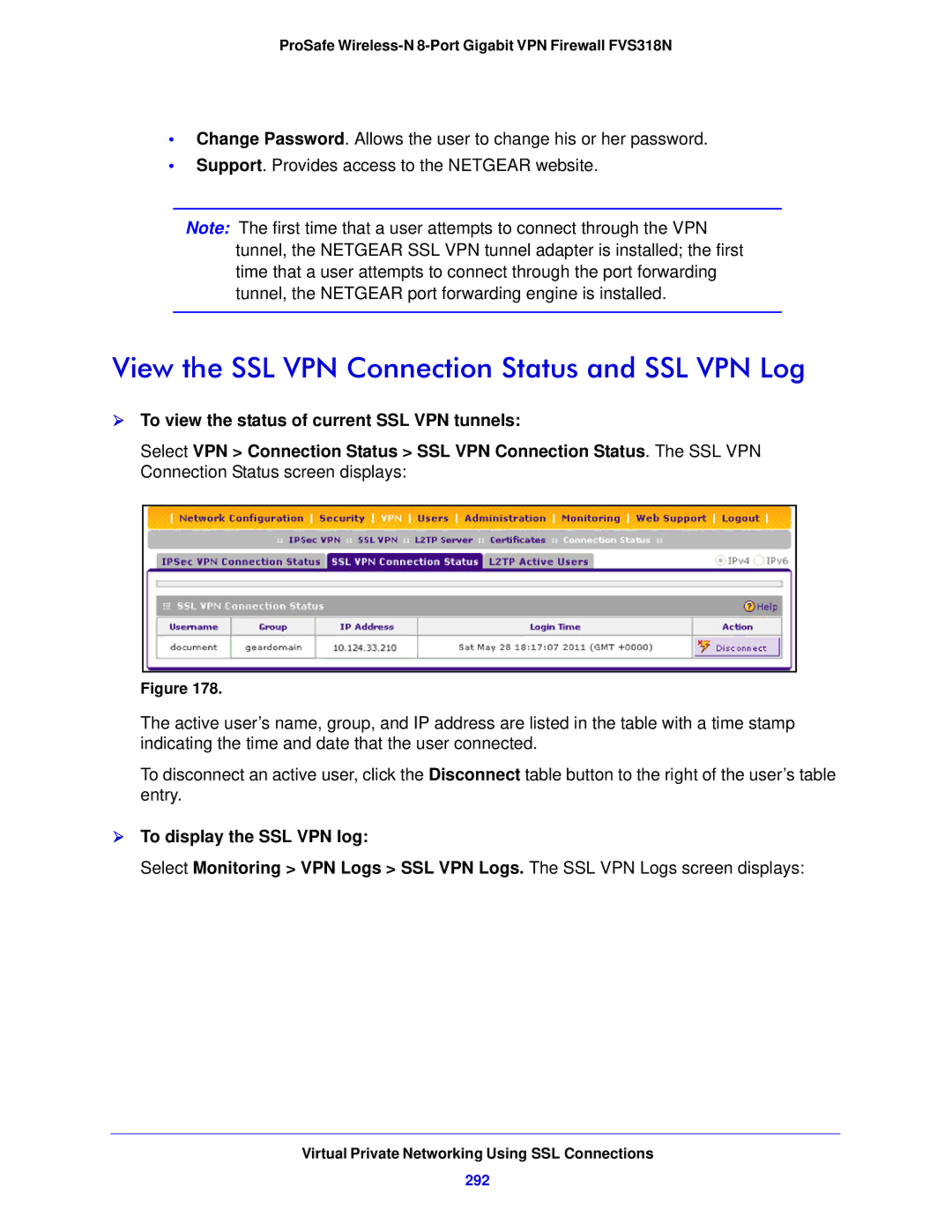 NETGEAR FVS318N View the SSL VPN Connection Status and SSL VPN Log,  To view the status of current SSL VPN tunnels, 292 