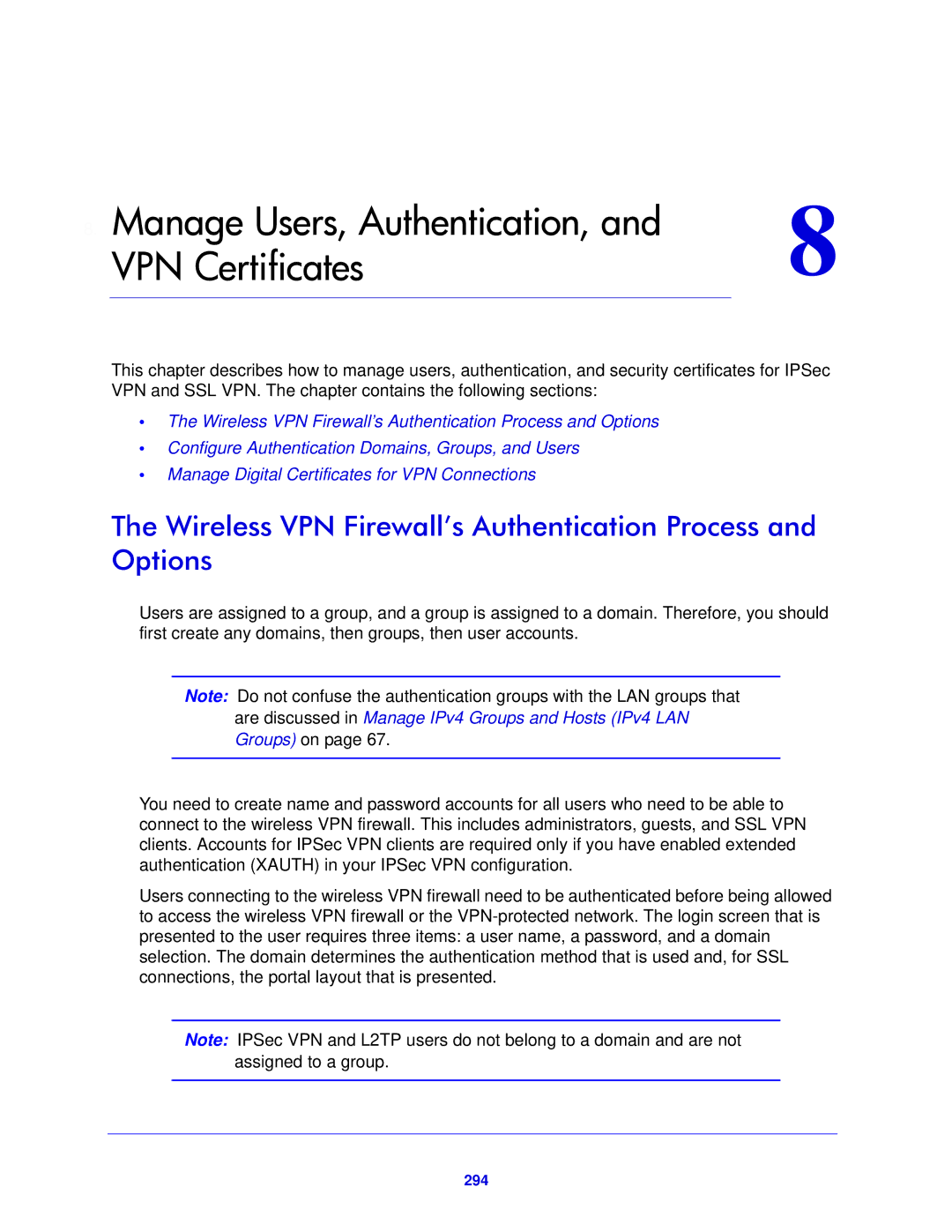 NETGEAR FVS318N manual Wireless VPN Firewall’s Authentication Process and Options, 294 