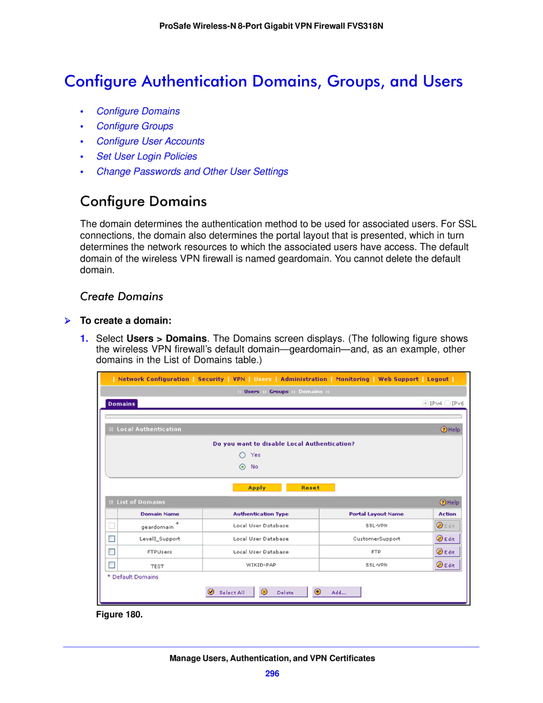 NETGEAR FVS318N manual Configure Authentication Domains, Groups, and Users, Configure Domains, Create Domains, 296 