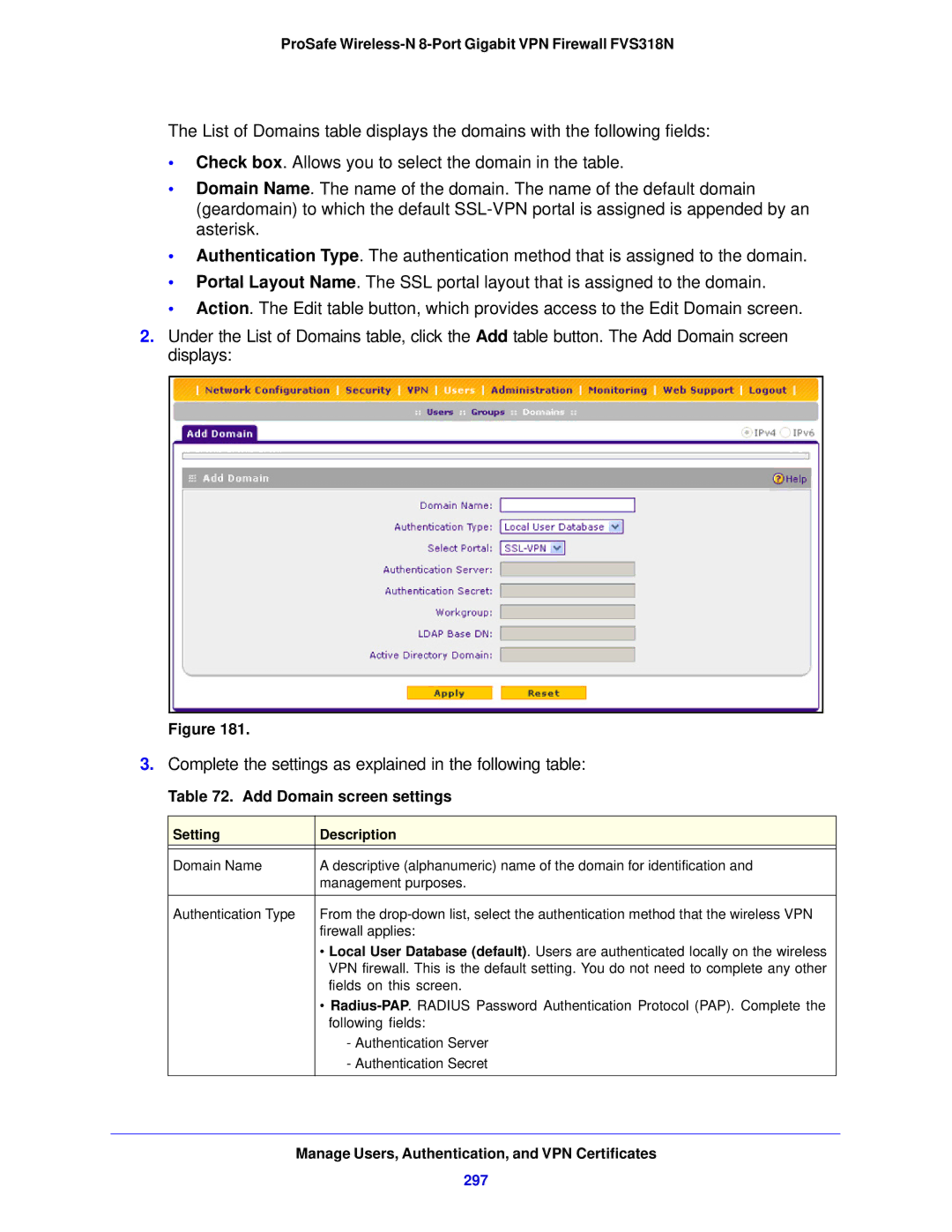 NETGEAR FVS318N manual Add Domain screen settings, 297 