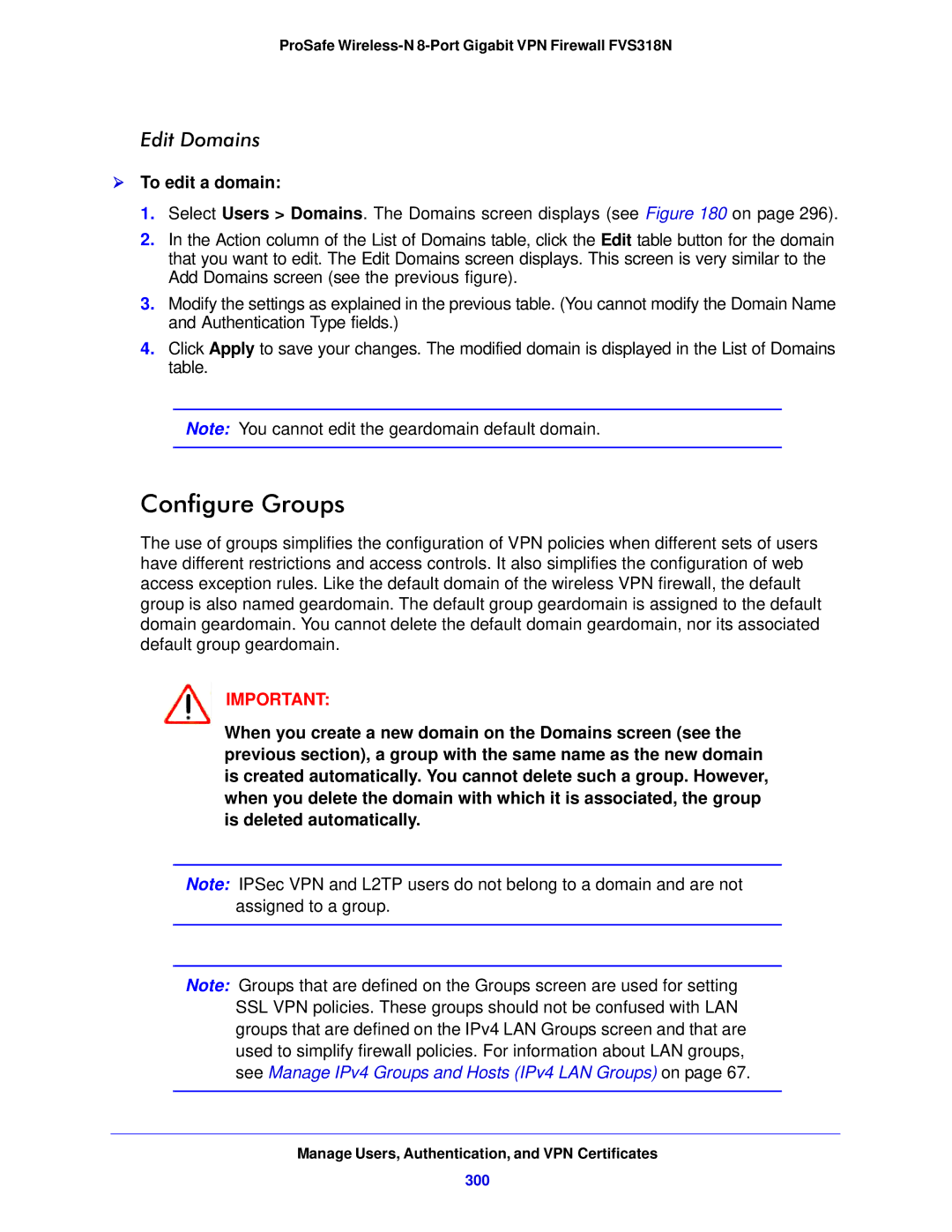 NETGEAR FVS318N manual Configure Groups, Edit Domains,  To edit a domain, 300 