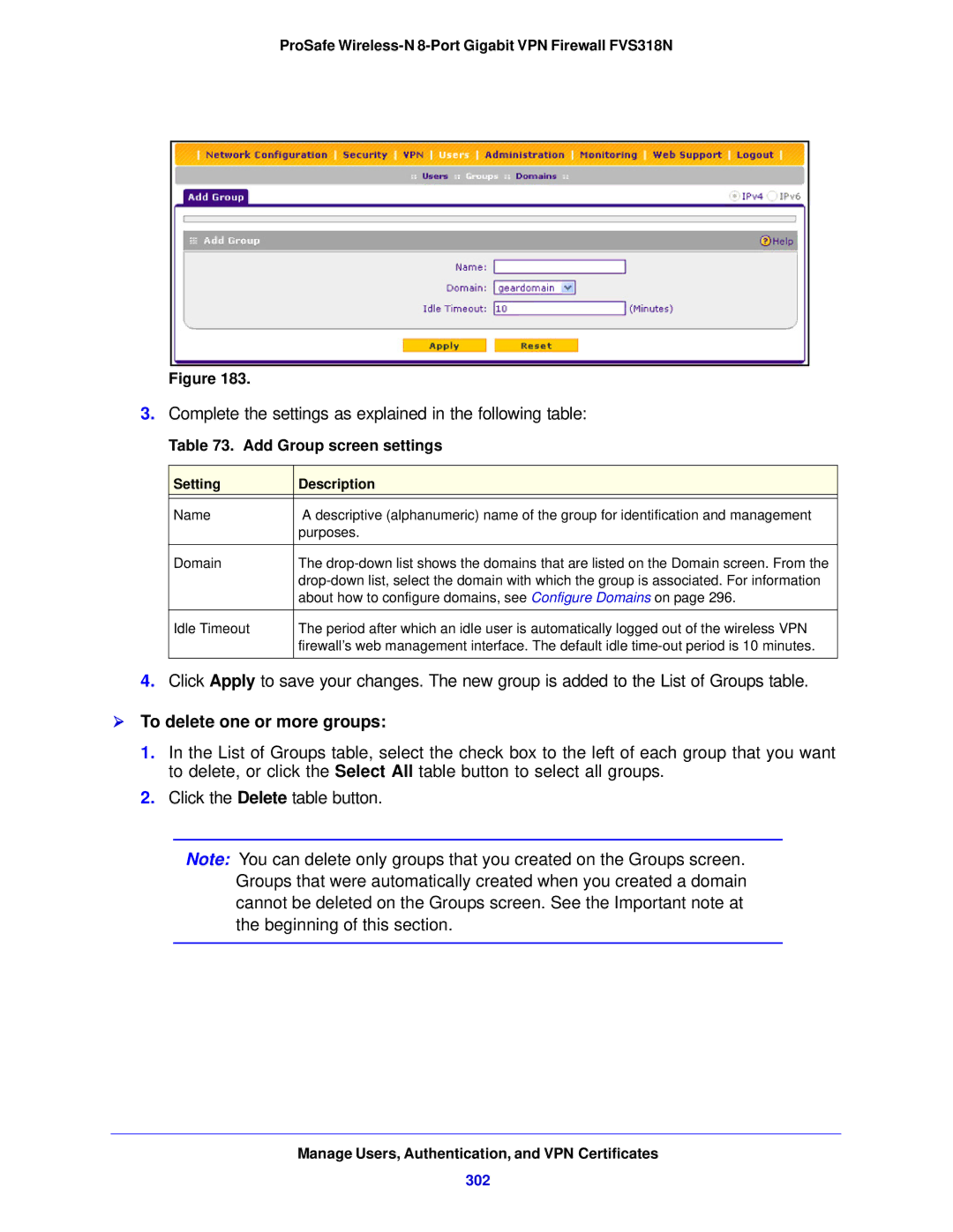 NETGEAR FVS318N manual  To delete one or more groups, Add Group screen settings, 302 