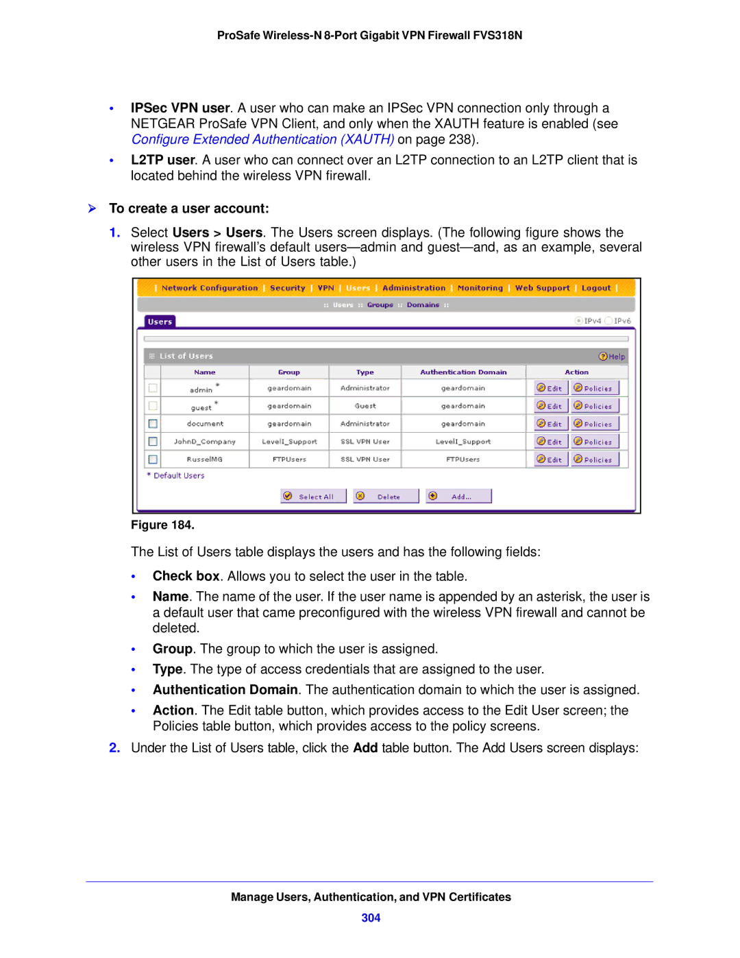 NETGEAR FVS318N manual  To create a user account, 304 