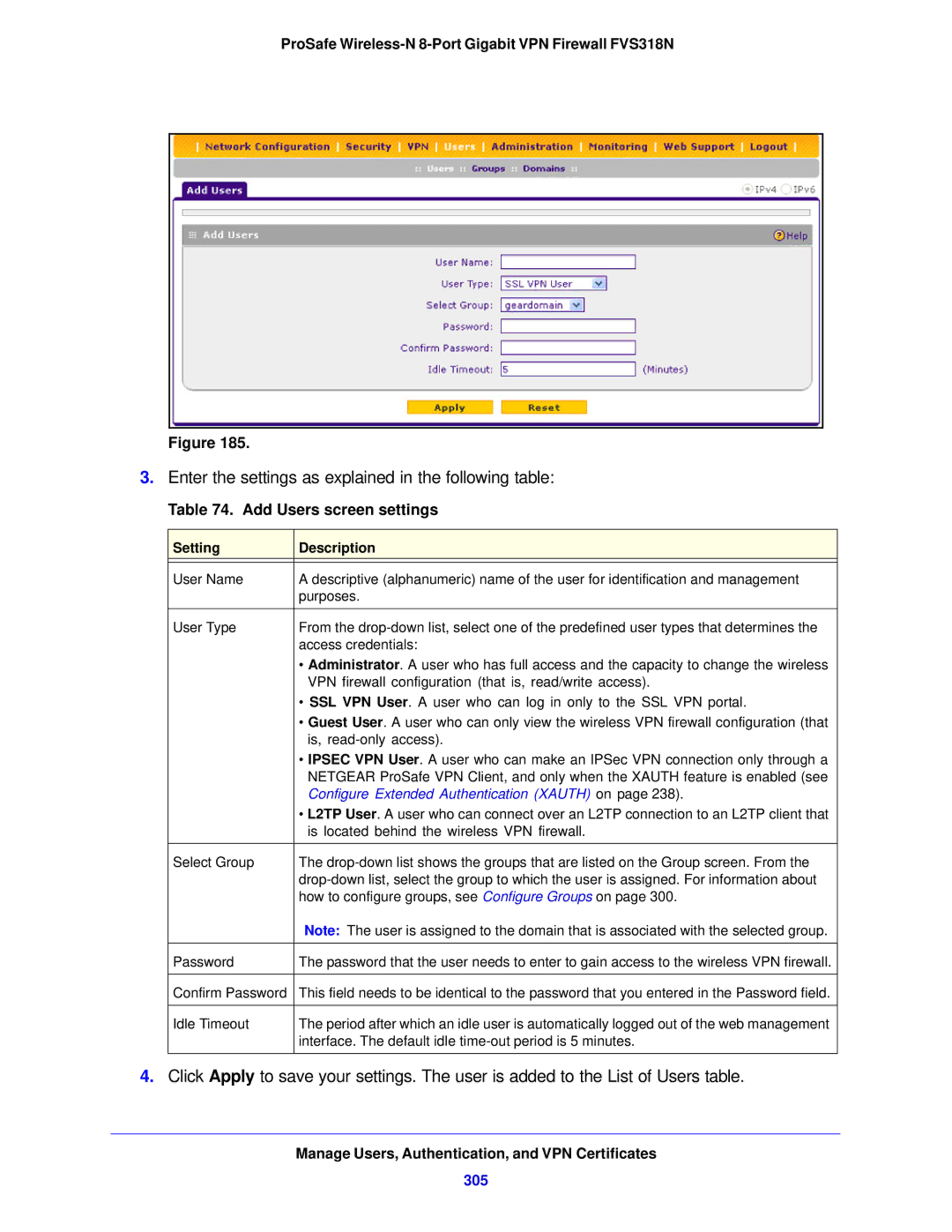 NETGEAR FVS318N manual Add Users screen settings, 305, Configure Extended Authentication Xauth on 