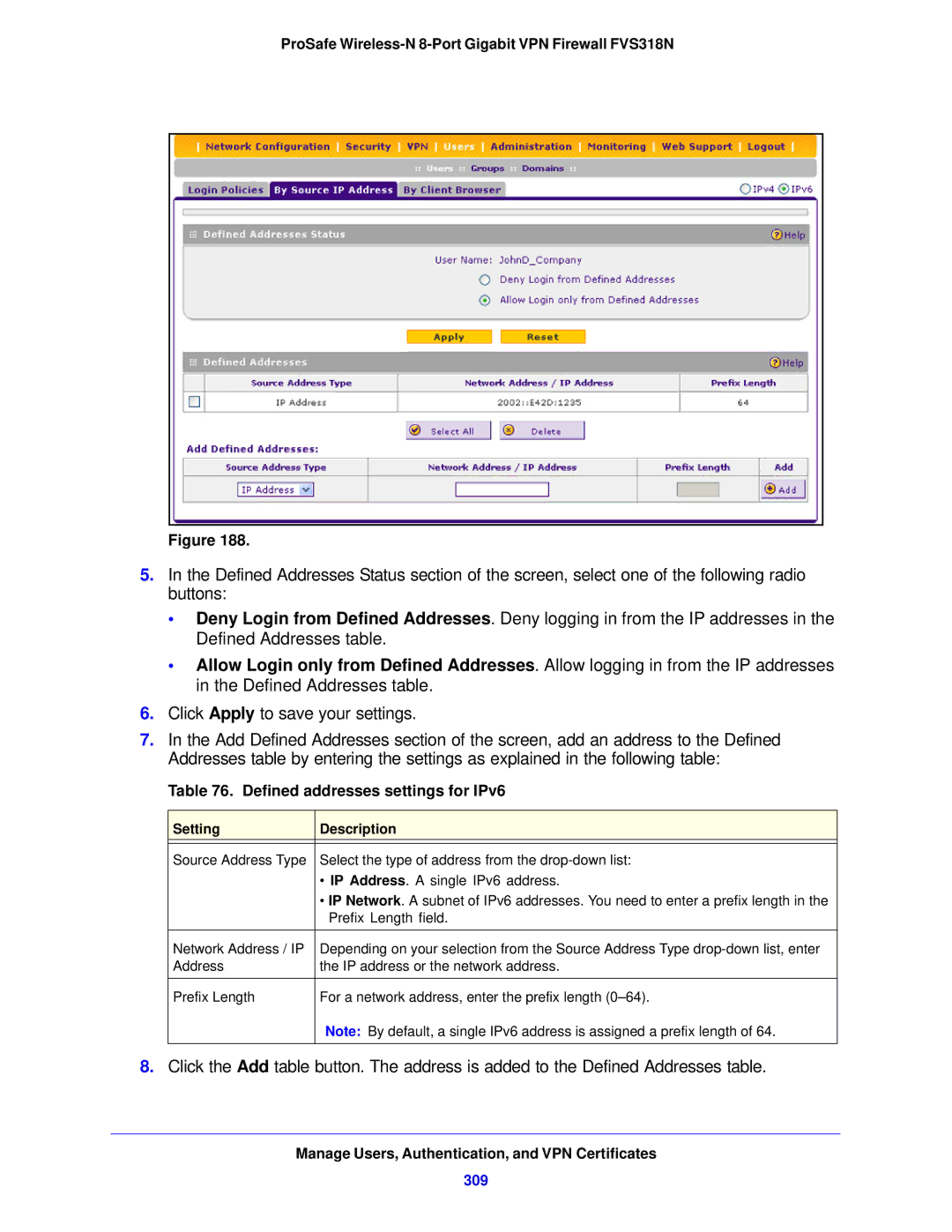 NETGEAR FVS318N manual Defined addresses settings for IPv6, 309 