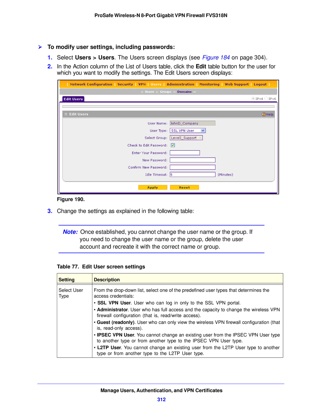 NETGEAR FVS318N manual  To modify user settings, including passwords, Edit User screen settings, 312 