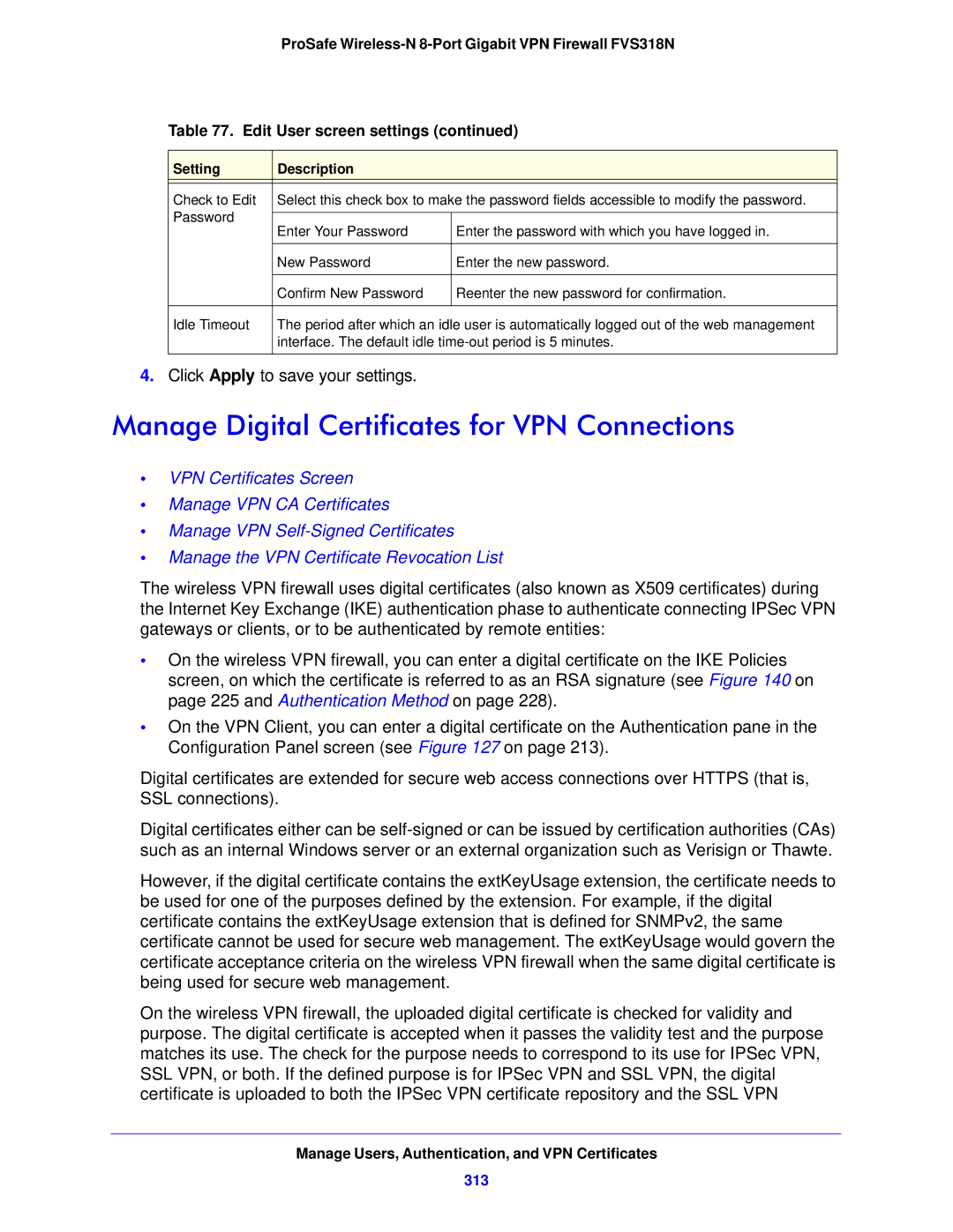 NETGEAR FVS318N manual Manage Digital Certificates for VPN Connections, 313 