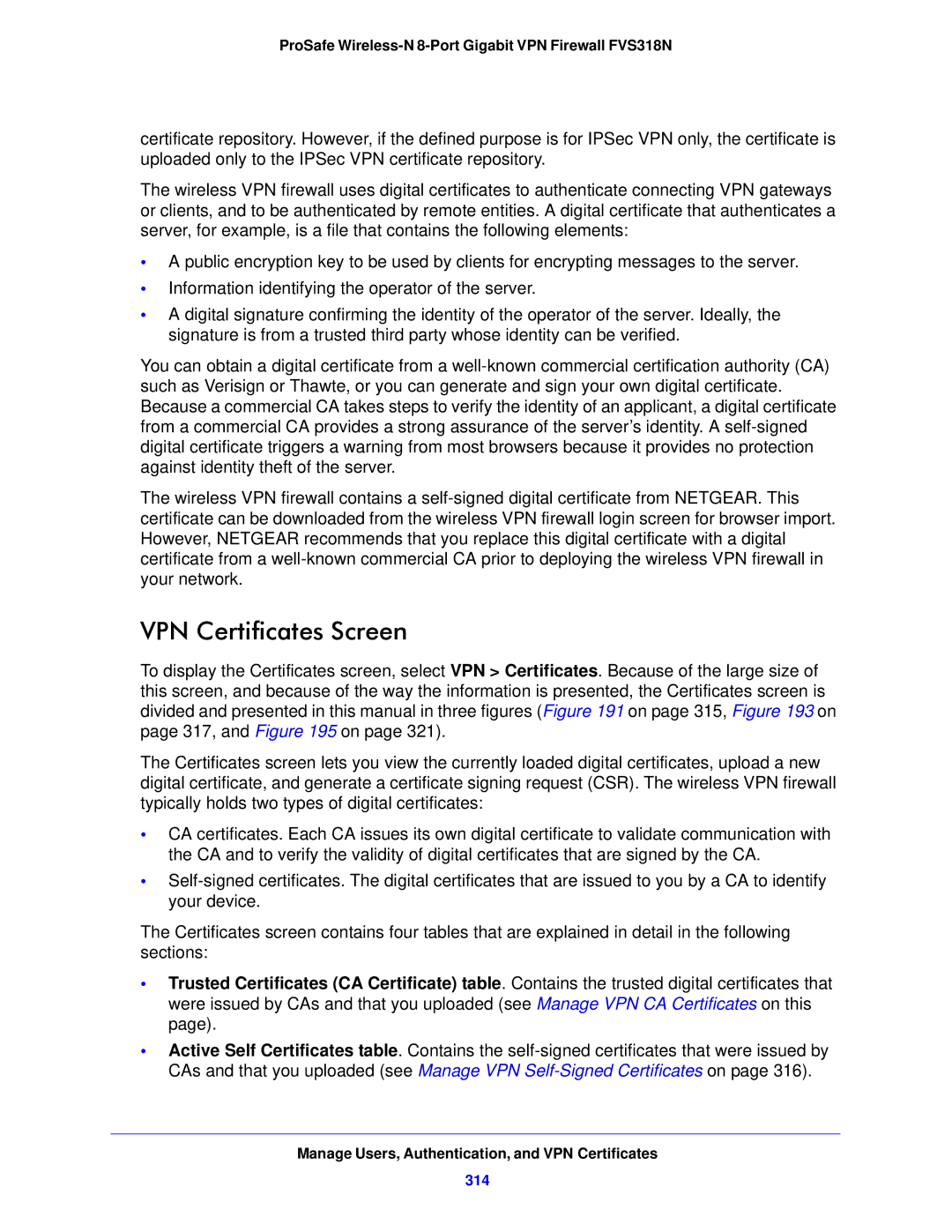 NETGEAR FVS318N manual VPN Certificates Screen, 314 
