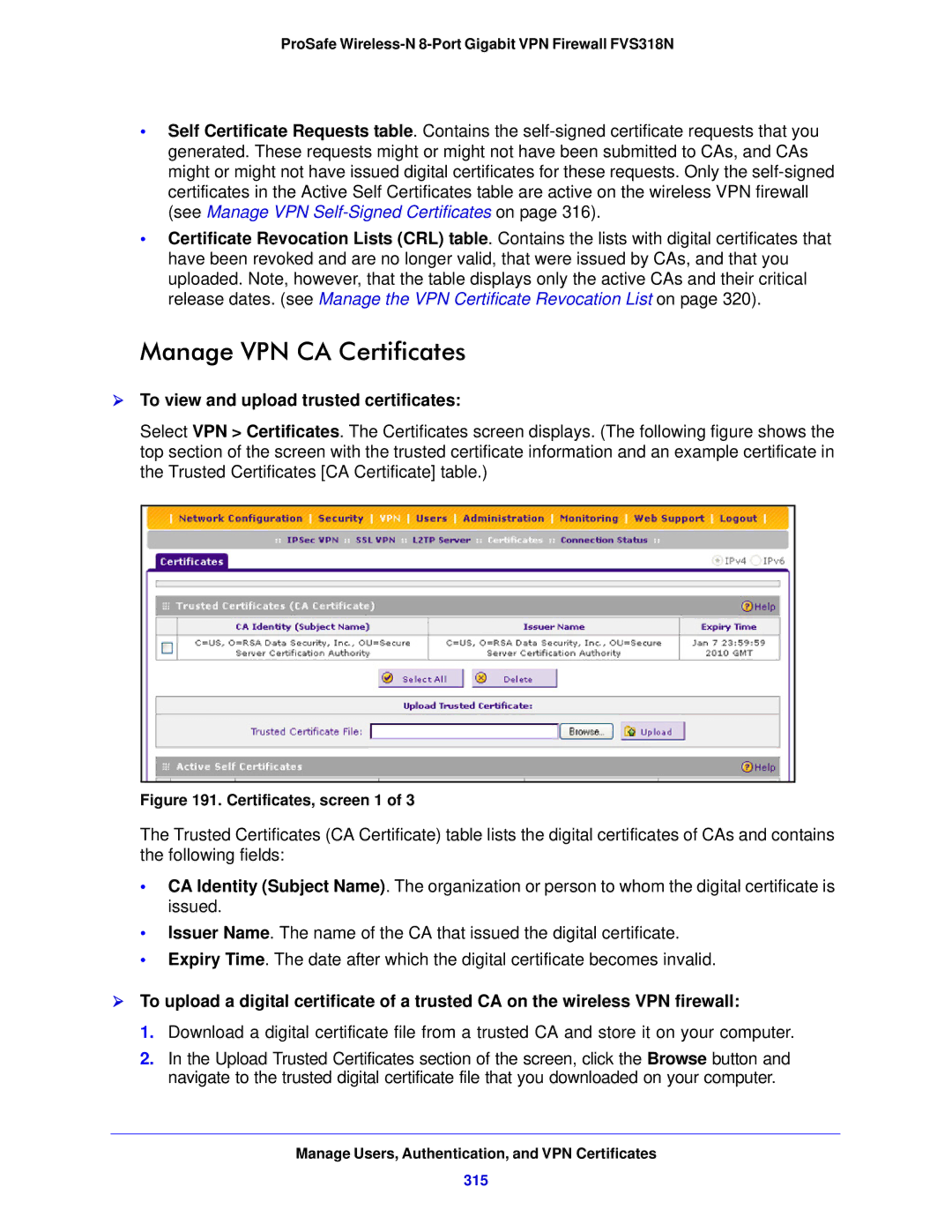 NETGEAR FVS318N manual Manage VPN CA Certificates,  To view and upload trusted certificates, 315 