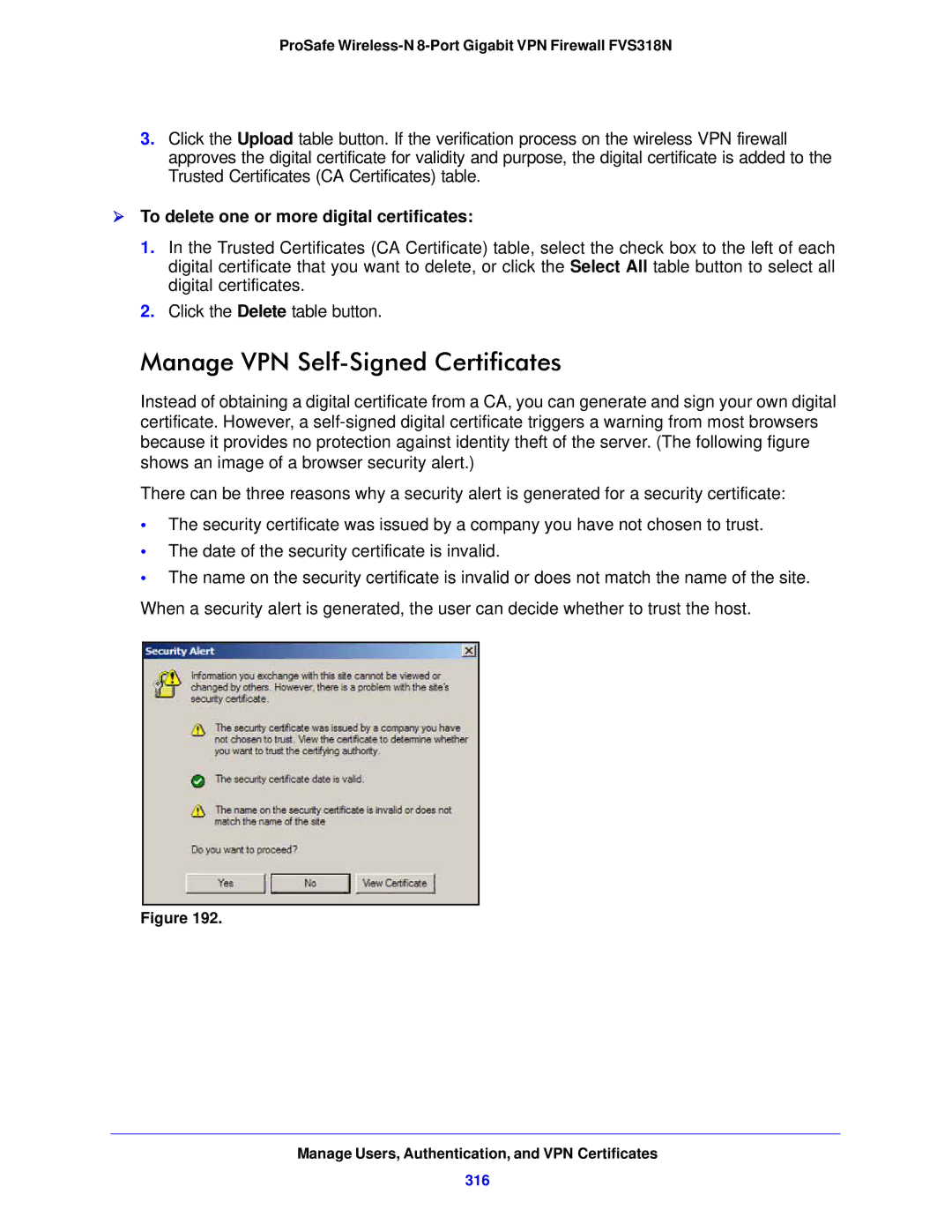 NETGEAR FVS318N manual Manage VPN Self-Signed Certificates,  To delete one or more digital certificates, 316 